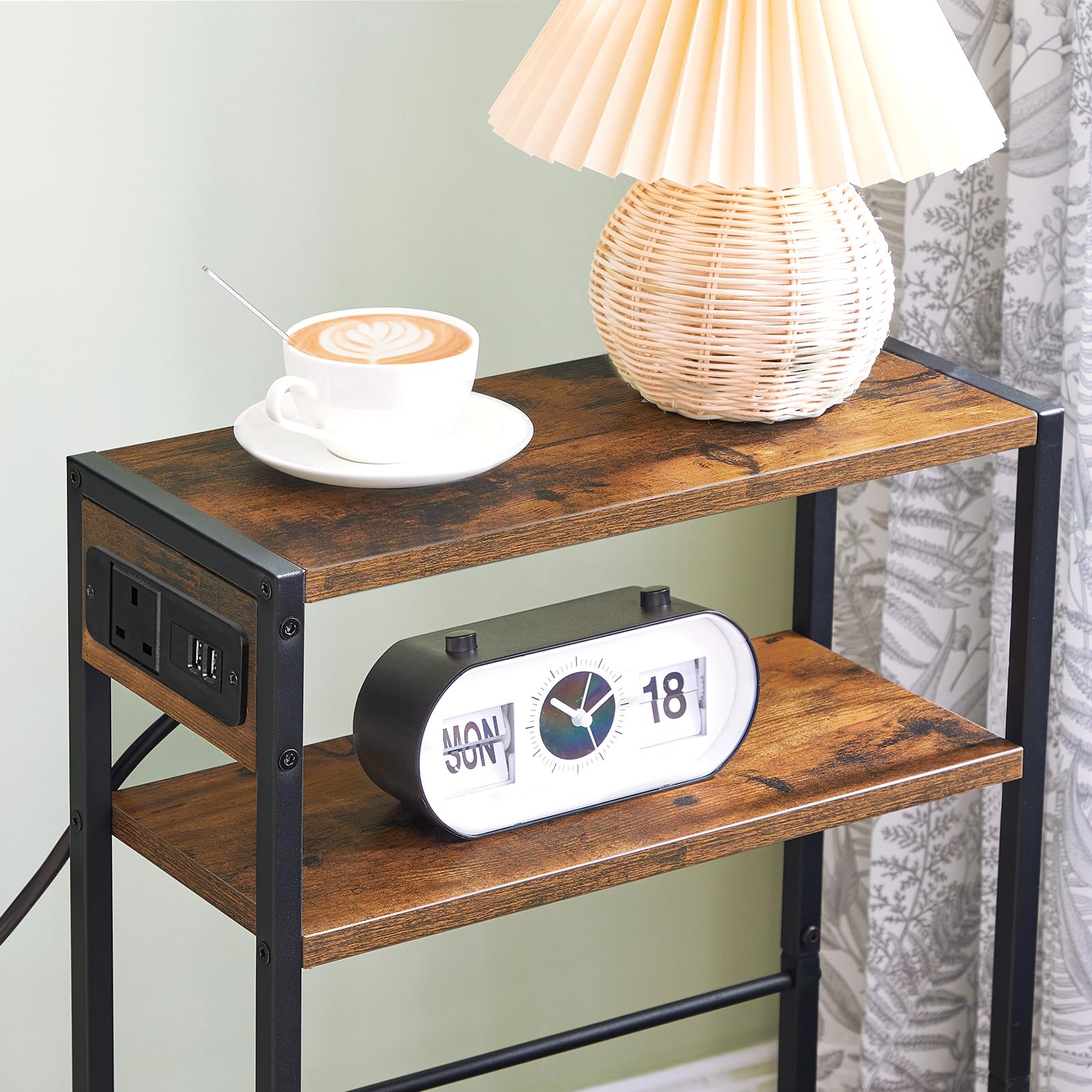 HOOBRO Slim Side Table with Charging Station, Narrow Side Table with USB Ports and Power Outlet, 42 x 18 x 65 cm, 3-Tier End Table for Small Space,