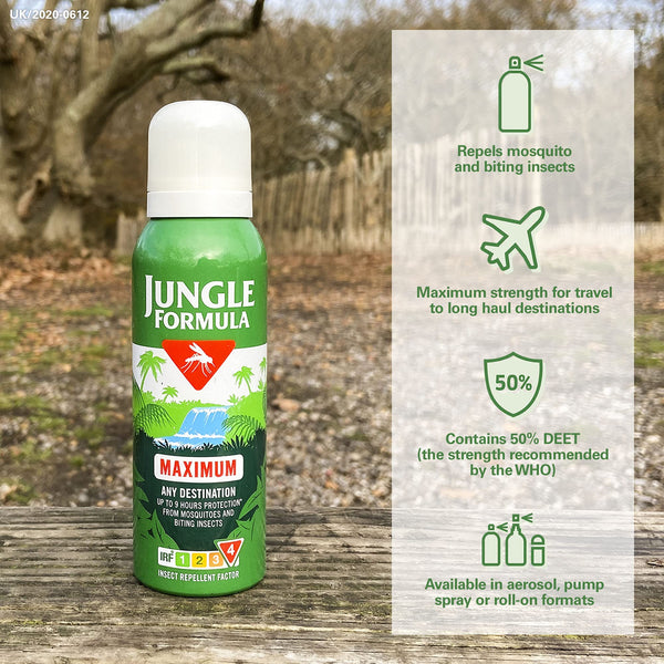 Jungle Formula Maximum Strength Insect Repellent Aerosol Spray (125ml - 50% DEET) - Up To 9 Hour Protection Against Mosquitoes, Ticks & Biting Insects - Mosquito Repellent For Travel & Domestic Use