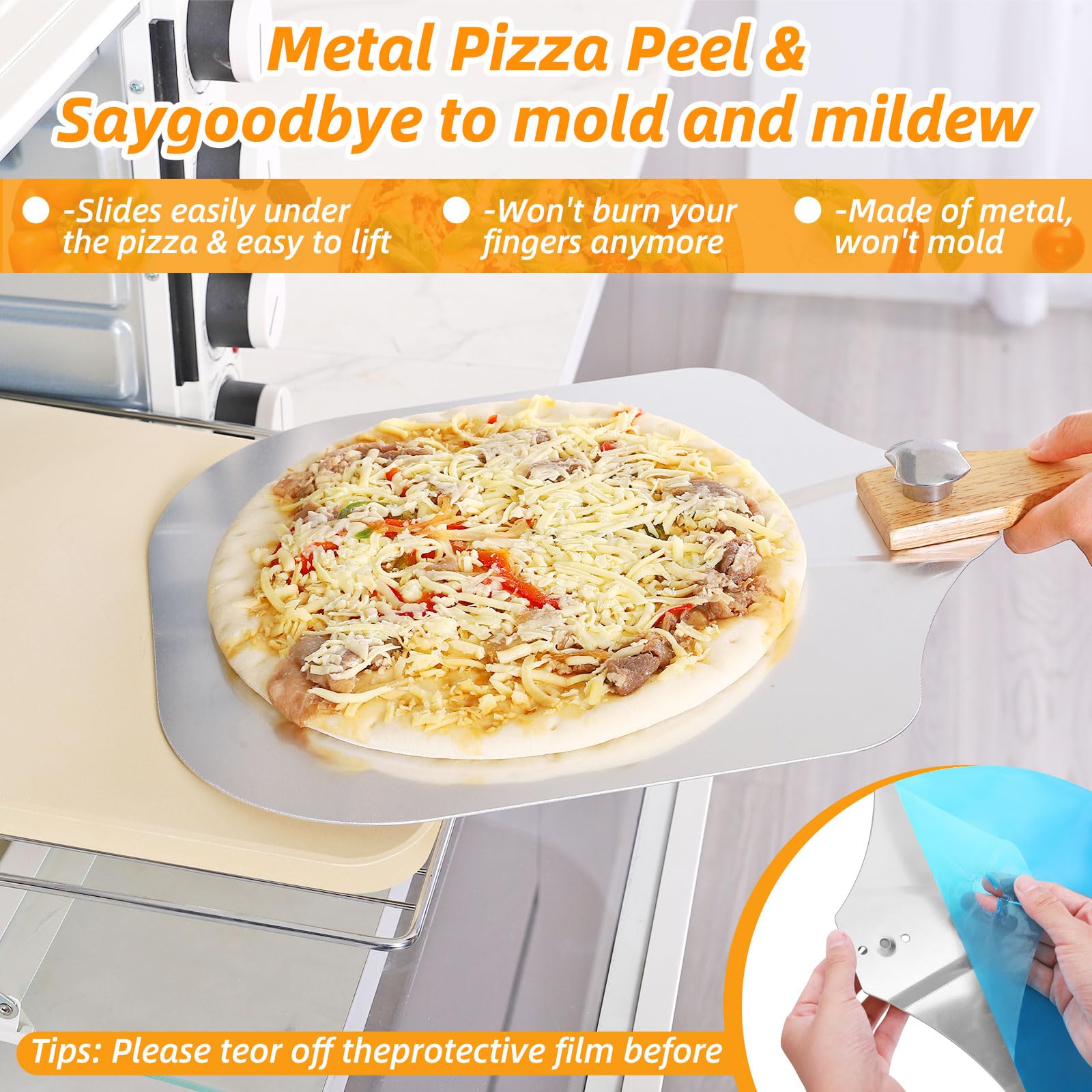GOFOWRK Pizza Stone 5 PCS Set, 38 x 30 cm Large Rectangle Pizza Stone Set for Oven & Outdoor Grill with Metal Pizza Peels & Cutter Rocker, 1.5 cm