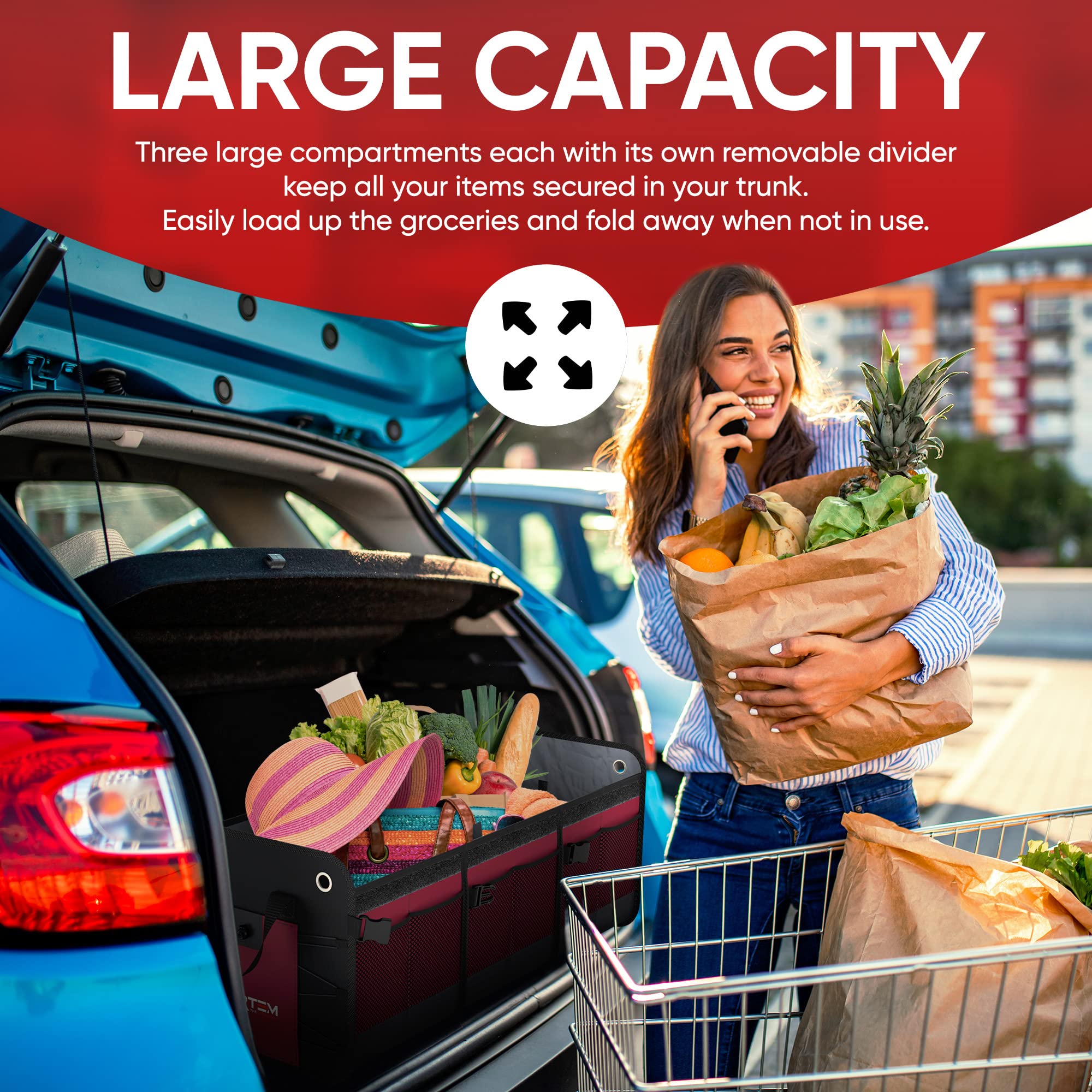 FORTEM Car Boot Organiser, SUV Boot Tidy, Trunk Storage, Collapsible Multi Compartment Car Organiser, Non Slip Bottom, Adjustable Securing Straps, Foldable Cover (65L)