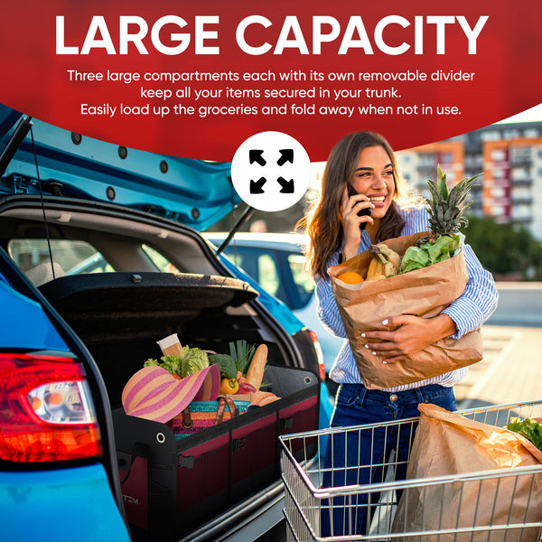FORTEM Car Boot Organiser, SUV Boot Tidy, Trunk Storage, Collapsible Multi Compartment Car Organiser, Non Slip Bottom, Adjustable Securing Straps, Foldable Cover (65L)