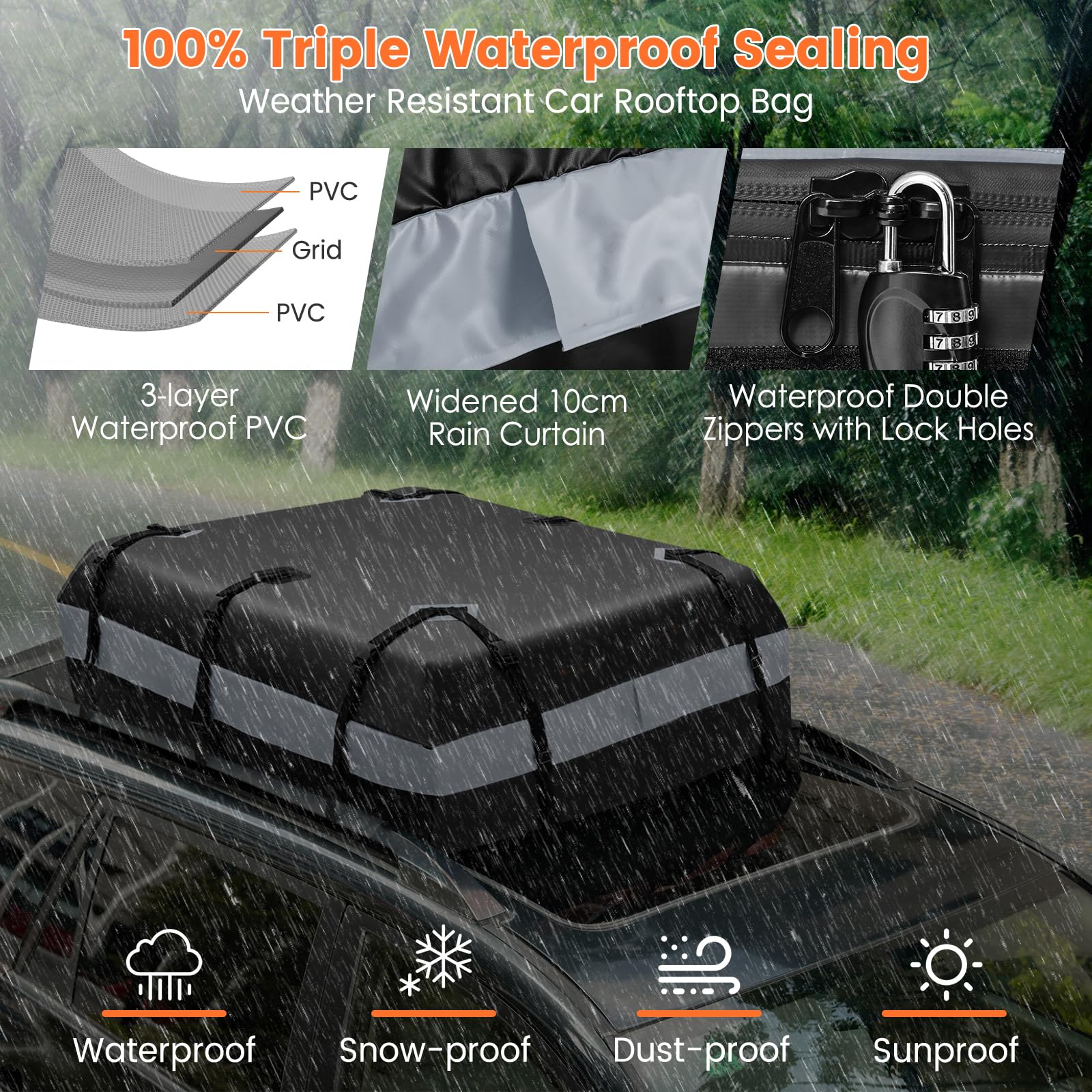 COSTWAY 15/21 Cubic Feet Car Roof Bag, 100% Waterproof Roofing Cargo Carrier with Anti-Slip Mat, Combination Lock & Straps, Rooftop Luggage Storage Box (Black, 21 Cubic Ft/600L)