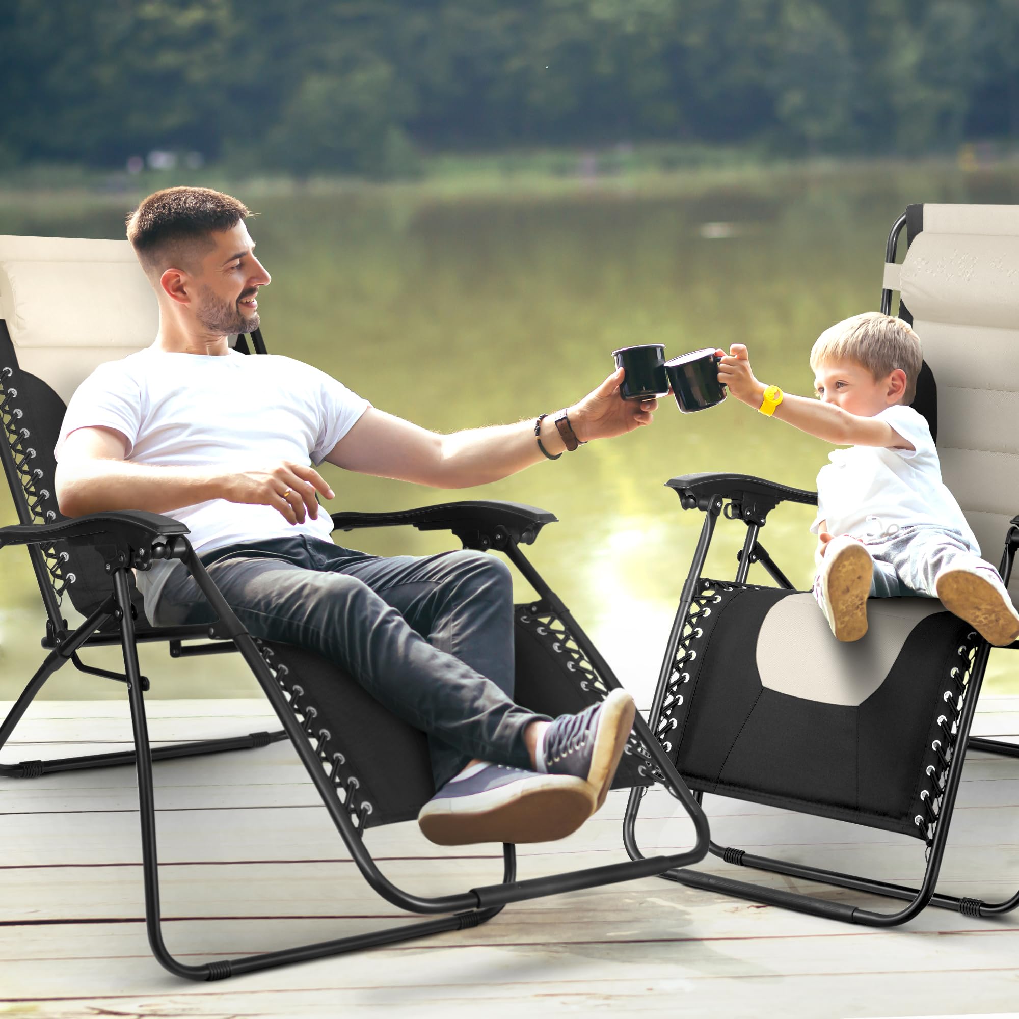 KEPLIN Set of 2 XXL Premium Heavy Duty Padded Zero Gravity Chairs - Luxurious Garden Recliners, Adjustable Headrest, Cup & Phone Holder, Foldable, Easy to Clean Patio Sun Loungers(Black)