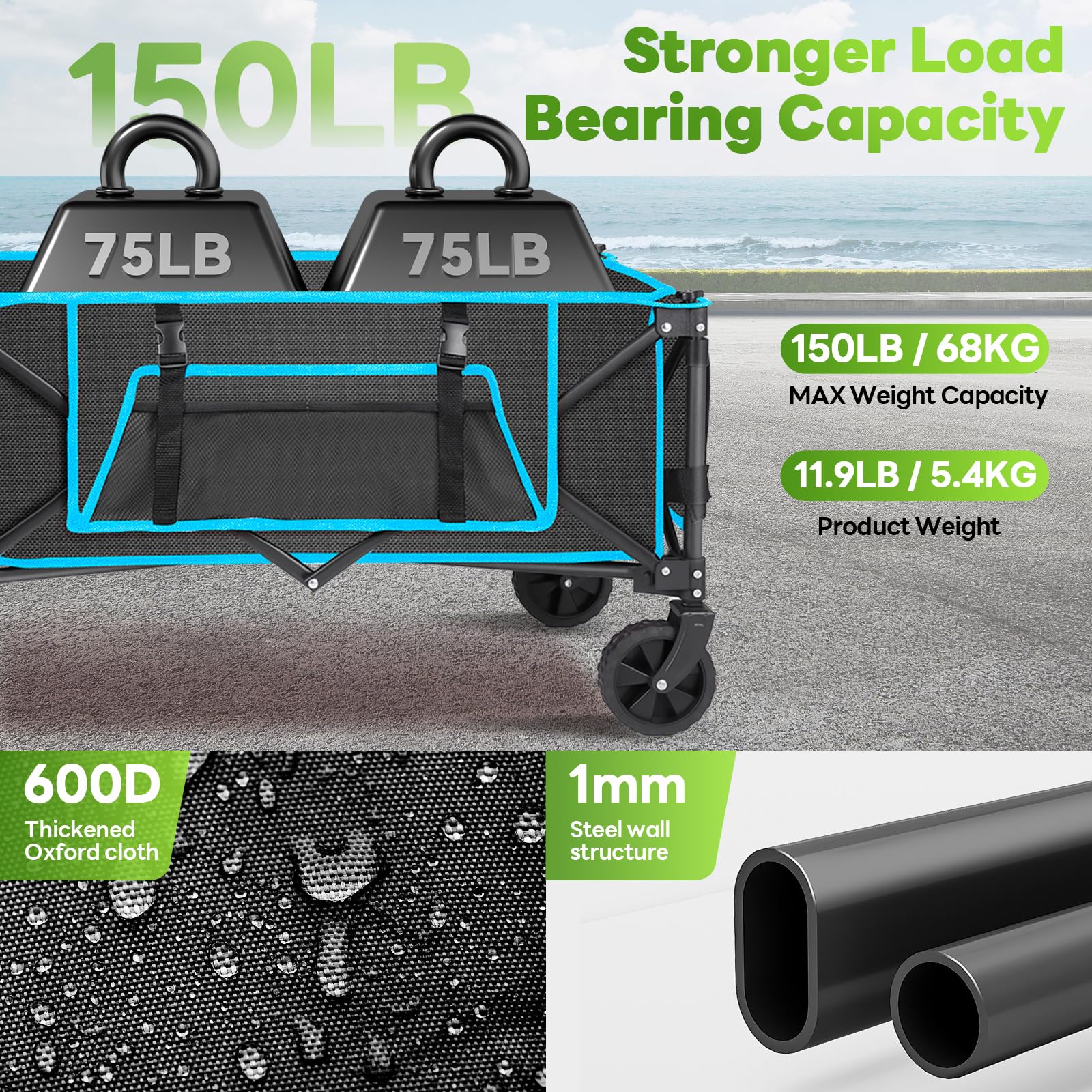 Folding Festival Trolley on Wheels - Foldable Camping Cart 150L Pull Along Garden Wagon Heavy Duty Trolley for Beach Shopping Fishing Picnic Outdoor