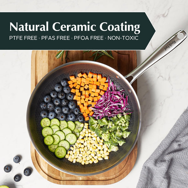 Redchef Non Stick Hybrid Egg/Omelette Pan,20cm Ceramic Frying Pan,Tri-Ply Stainless Steel Skillet,Non Toxic,PFAS PFOA/PTFE Free,Dishwasher/Oven Safe,Suitable for Induction Hobs,8"(Beige)