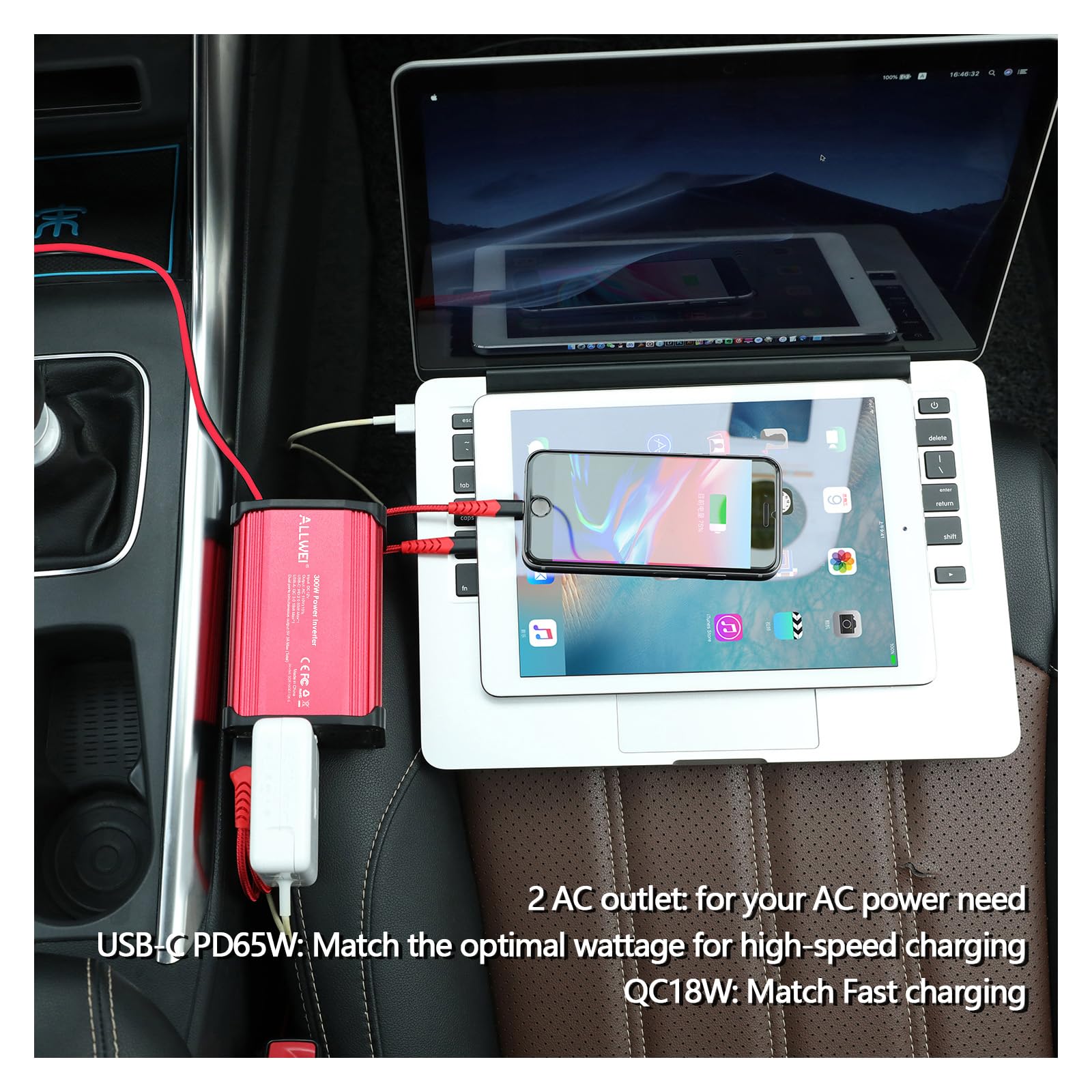 ALLWEI 300W Car Power Inverter with 27W USB-C and 3.0 USB Port - DC 12V to 240V / 230V AC Power inverters for Vehicles Converter Fast Charging Ports Car Charger Adapter (Red)