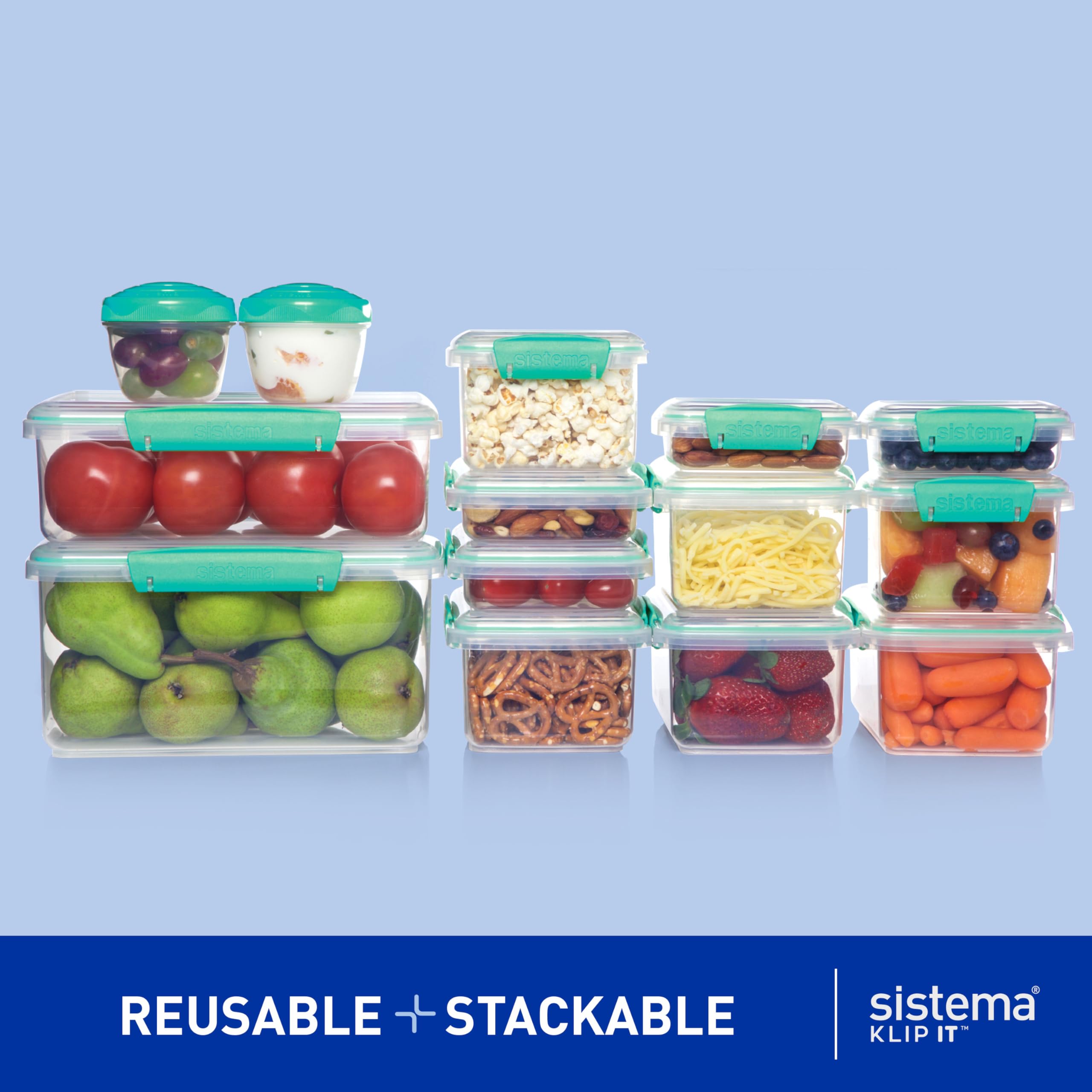 Sistema KLIP IT Food Storage Containers | Airtight & Stackable Meal Prep Containers with Lids | School Lunch Boxes & Snack Boxes | BPA-Free | 28 Count