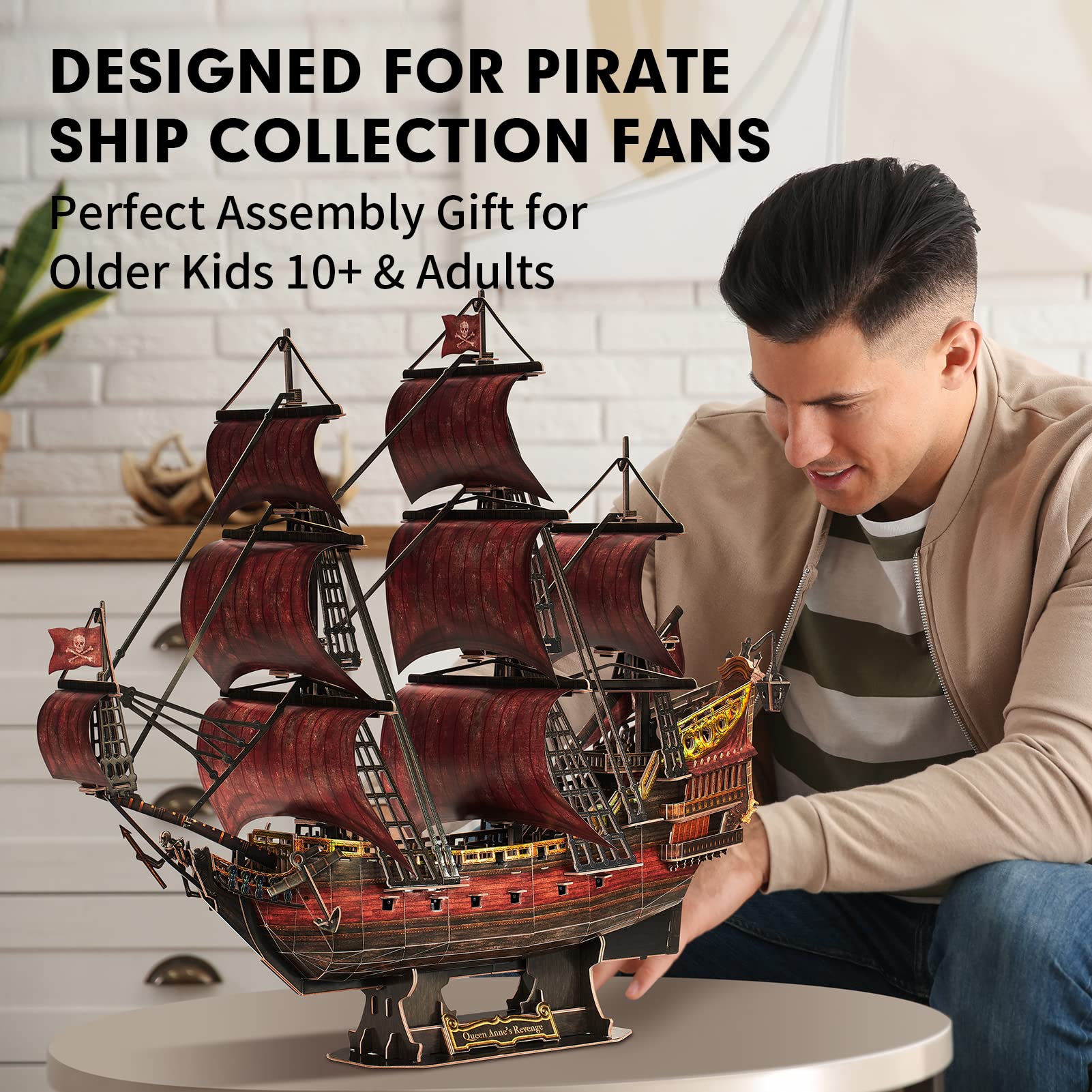 CubicFun LED Pirates of the Caribbean Flying Dutchman Model Kits for Adults to Build 3D Jigsaw Puzzles Ship Model Building Gifts for Adults Kids Girls Boys - 360 Pieces
