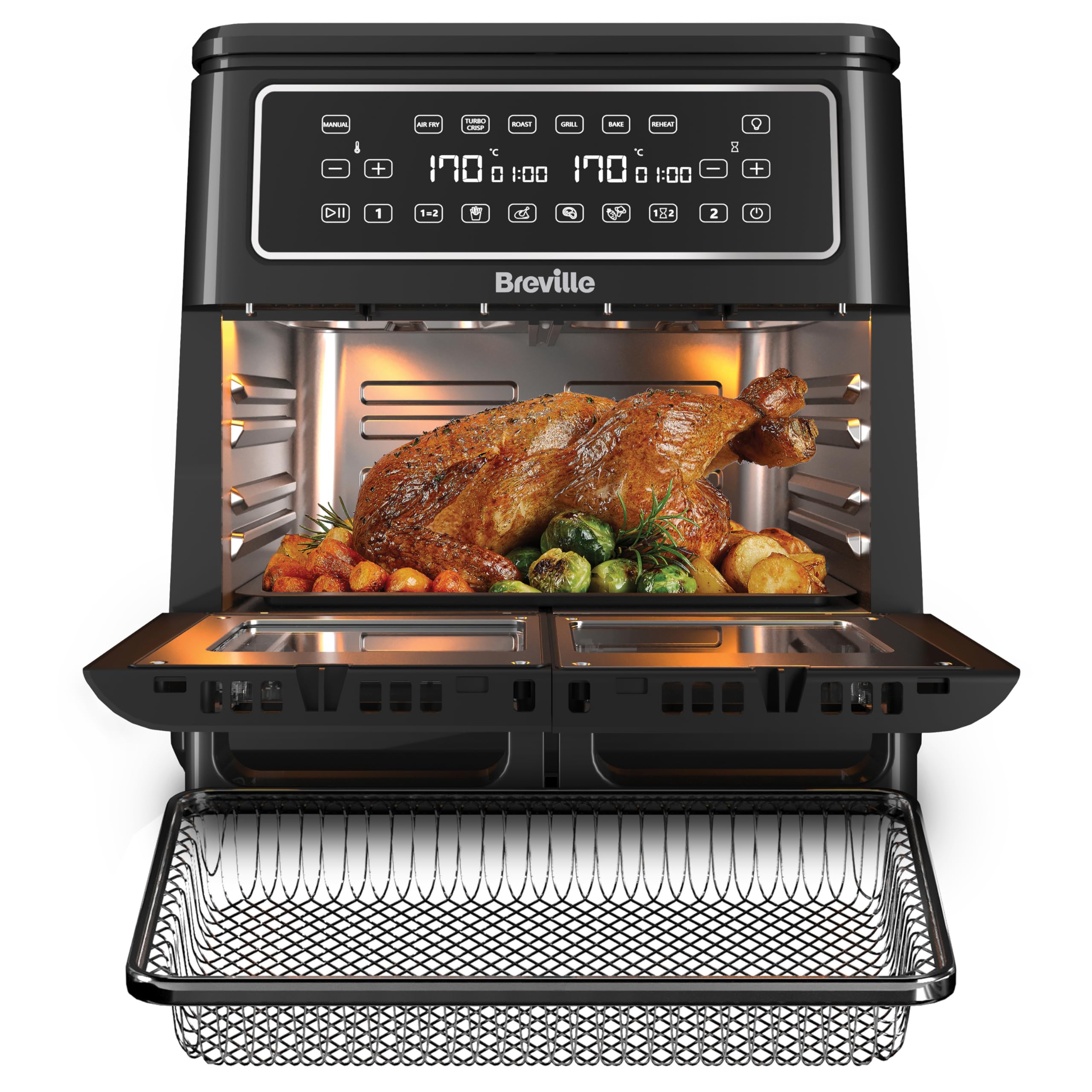 Breville Halo Flexi Air Fryer & Large Mesh Tray | Digital Dual Air Fryer Oven | 11L: Serves 10+ | Fry, Bake, Grill, Roast & Reheat | 2400 W | Save £65 a Year on Energy Bills* | Black [VDF138]