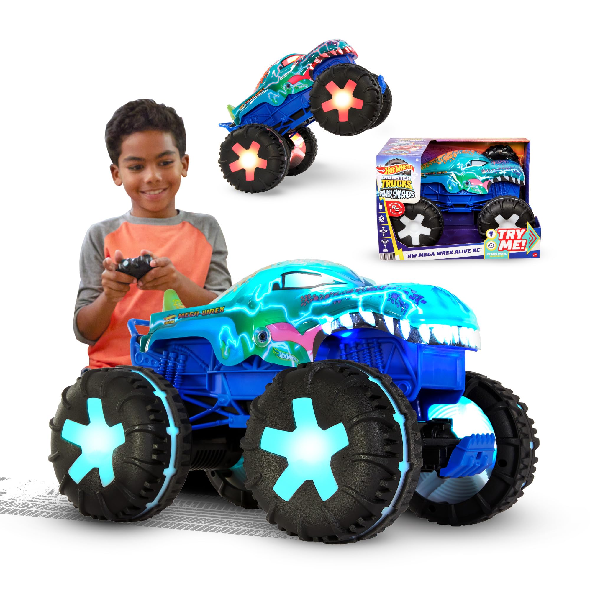 Hot Wheels Monster Trucks Remote Control Car, 1:15 Scale Mega-Wrex Alive Battery-Powered RC Vehicle with Lights & Sounds, JBD90