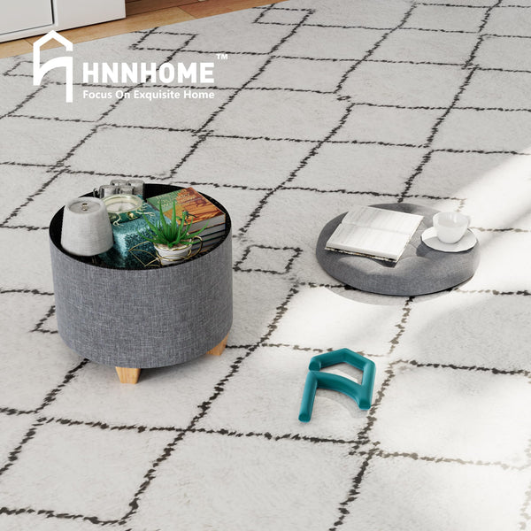 HNNHOME 45cm Round Linen Padded Seat Ottoman Storage Stool Box, Footstool Pouffes Chair with Lids (Lava)