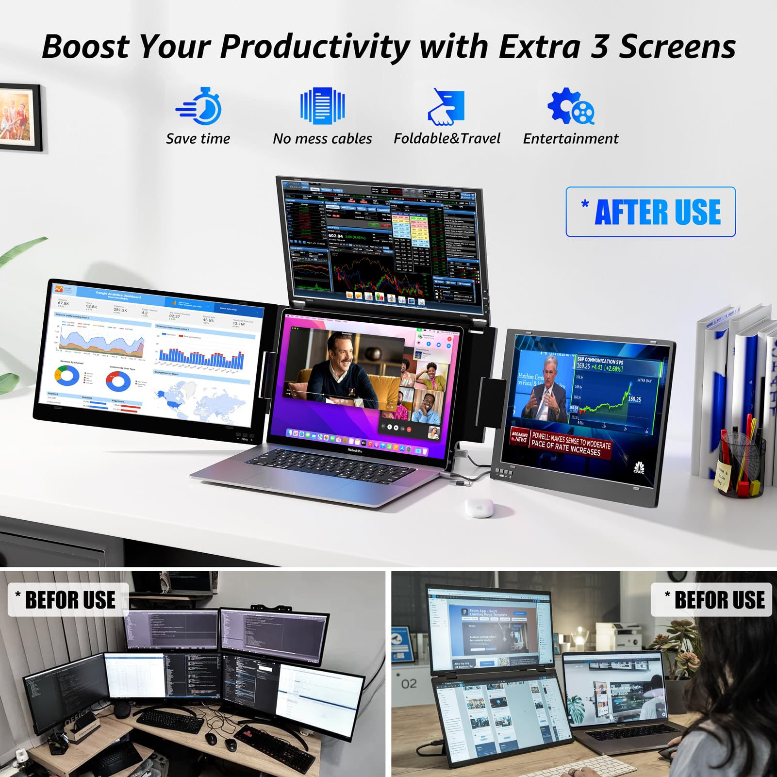 14" Triple Laptop Screen Extender, FHD IPS Multi Screen Extender with USB-C/USB-A, One Cable Connection Laptop Monitor Extender Compatible with Mac Windows Fits 11.6-15.6 Inch Laptops