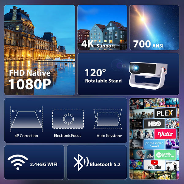 2025 Ultra Smart Projector Built-in Apps, 32000 Lumens,Full HD 4K Supported, WiFi 6 & Bluetooth 5.2, Low Fan Noise (<29.8dB), Auto Keystone, Portable Movie Projector for IOS/Android/PS5