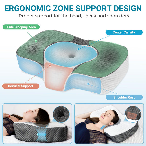 Elviros Cervical Memory Foam Neck Pillow for Side Sleeping, Orthopedic Pillows for Back and Stomach Sleepers, Adjustable Ergonomic Bed Pillow Pain Relief (White)