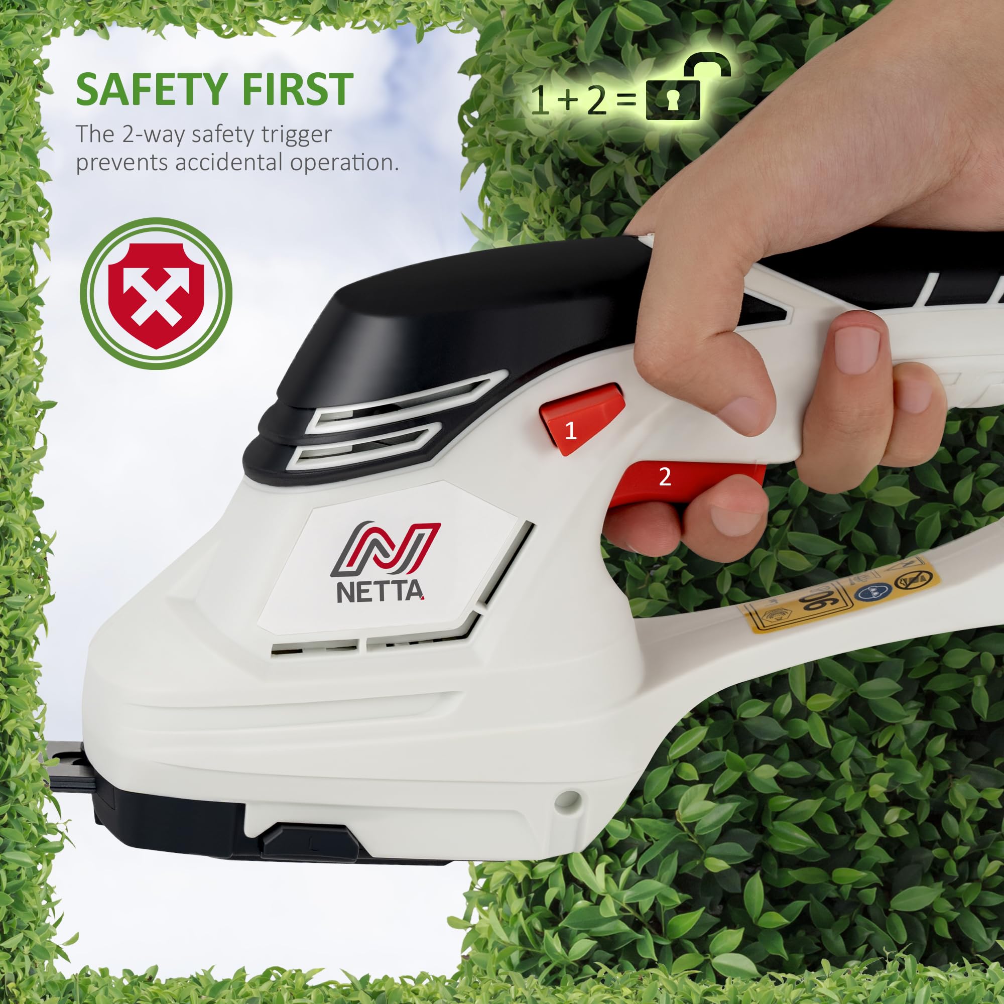 NETTA 2in1 Grass Shear & Hedge Trimmer with 7.2V Rechargeable 1500mAh Lithium-Ion Battery, Edging and Shrub Shear, 2 Interchangeable Blades, Lightweight, Garden Cutting Edge Trimmer, Pruner - Handheld