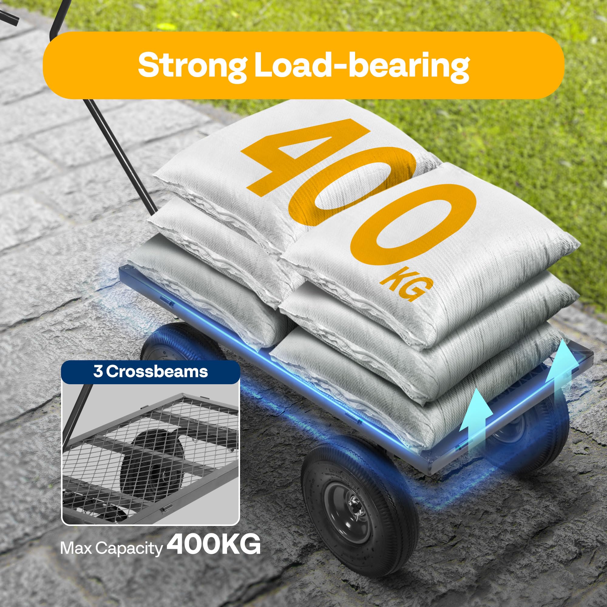 VIVOHOME Hand Trolley 400kg Capacity Durable Transport Cart with 10cm Pneumatic Tires and 180° Rotatable 80cm Handle Heavy Duty Metal Grids for Garden and Camping