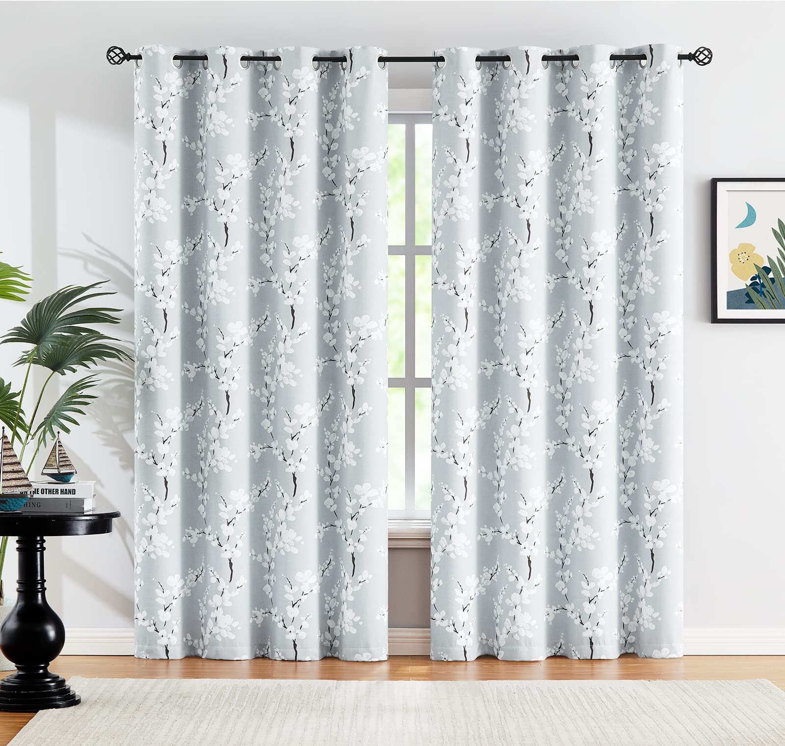 Fmfunctex Grey Floral Blackout Curtains for Bedroom 72 inch Drop Eyelet Curtains for Living Room Nursary Blossom Thermal Insulated Window Curtain