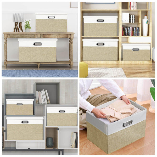 Febzoce Storage Boxes with Lids, Storage Baskets for Shelves Foldable Fabric Storage Bins Organizer for Home and Office Light Brown and White Extra