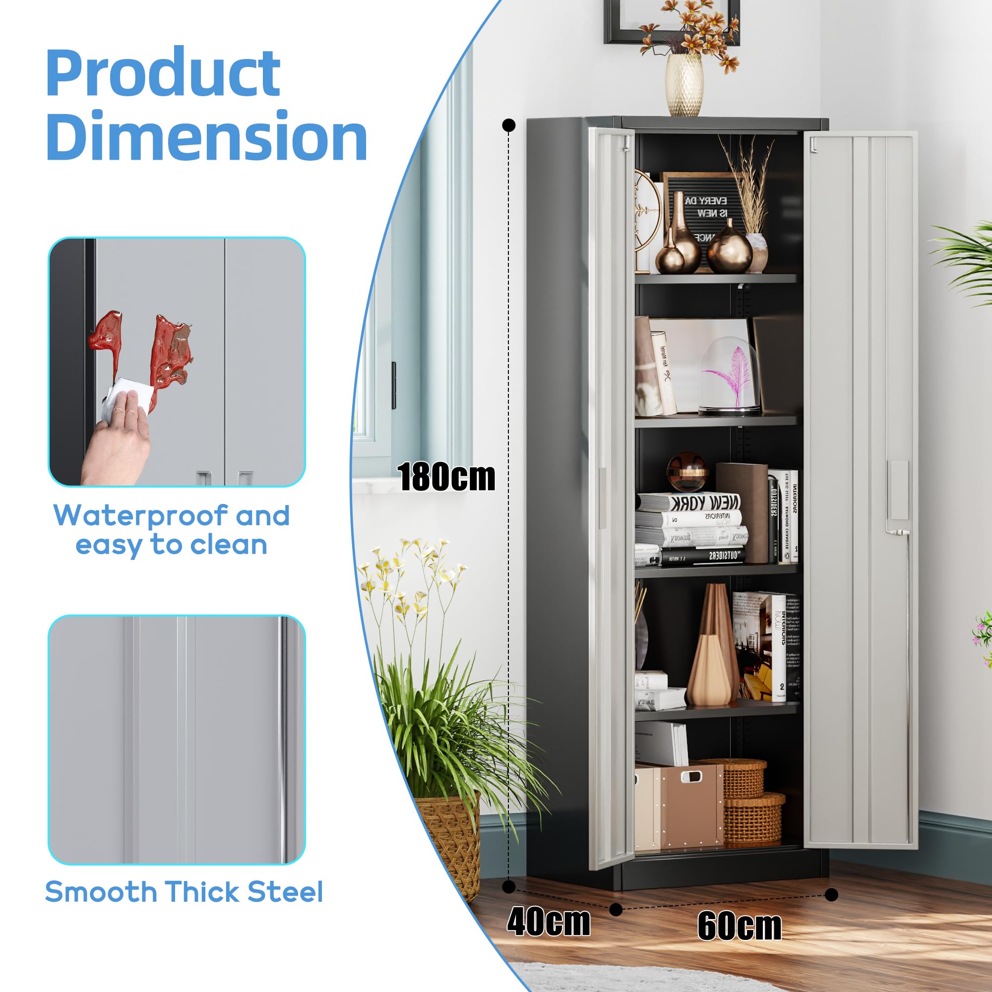 Metal Storage Cabinet with 2 Door and 3 Adjustable Shelves,140X80x40CM Steel Cabinet for Warehouse,Garage,Home,Office,Easy Assemble Required(Black/White)