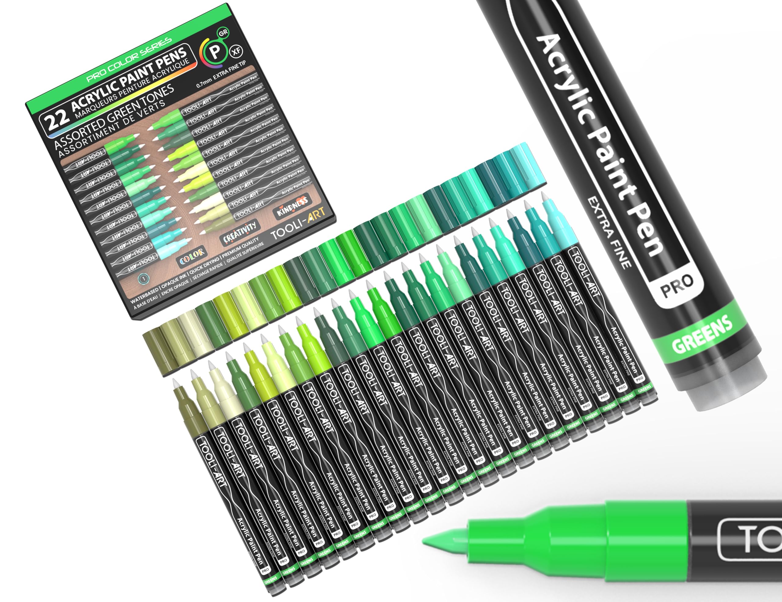 Acrylic Paint Pens 22 Green Tones Assorted Pro Colour Series Markers Set 0.7mm Extra Fine Tip for Rock Painting, Glass, Mugs, Wood, Metal, Canvas,