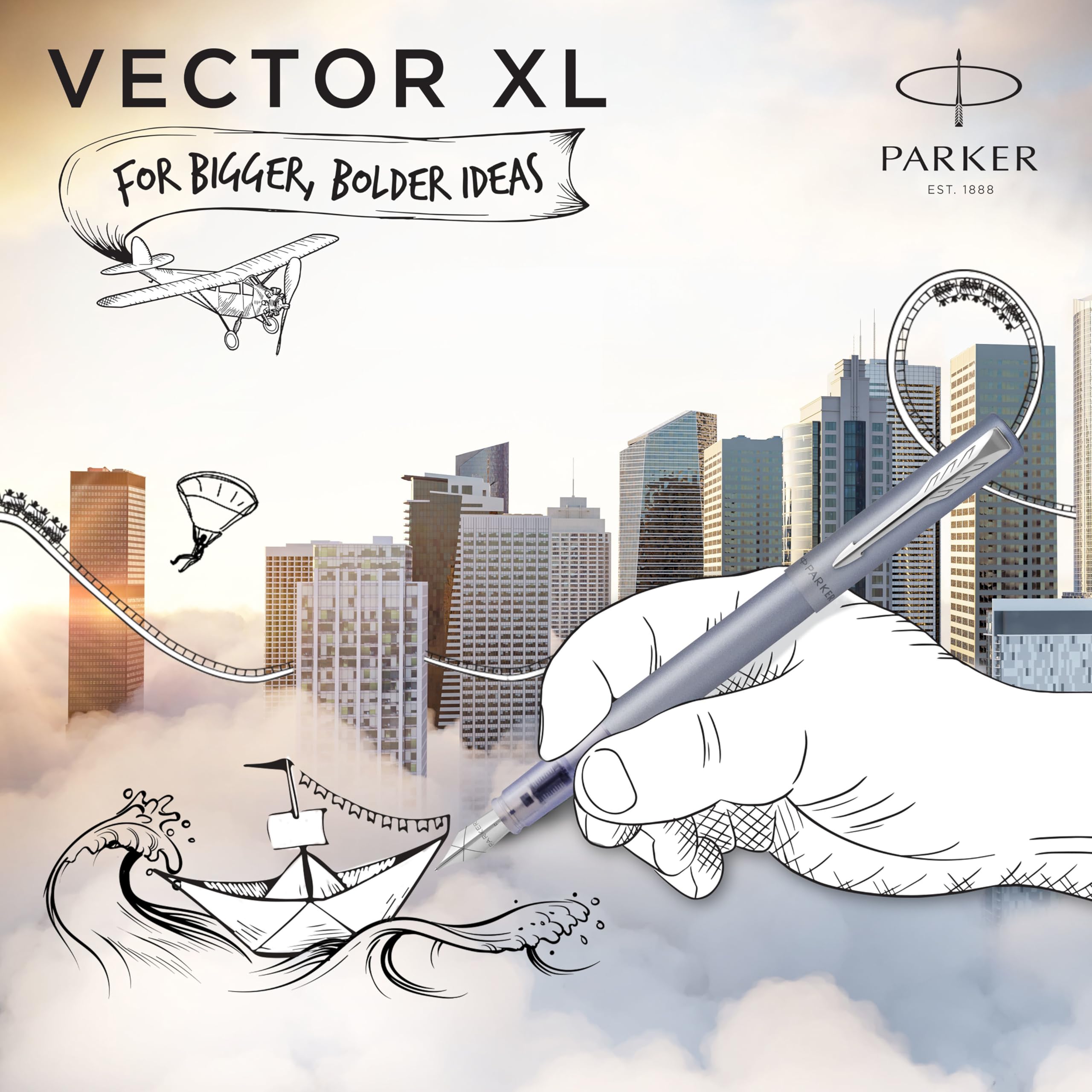 Parker Vector Fountain Pen | Black with Chrome Trim | Medium Nib | Blue Ink | Hangtab