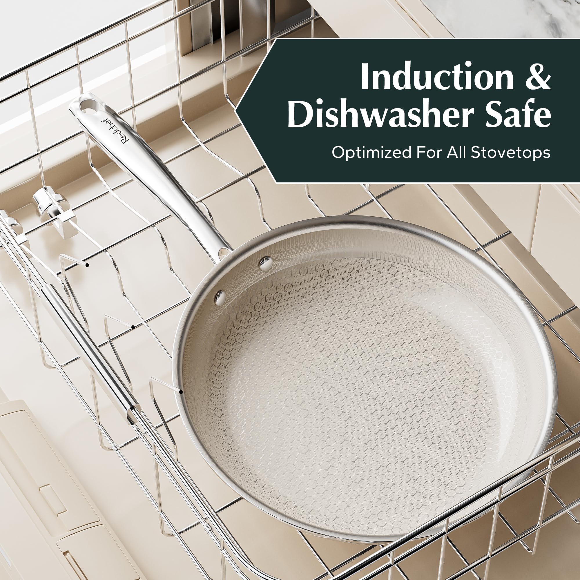 Redchef Non Stick Hybrid Egg/Omelette Pan,20cm Ceramic Frying Pan,Tri-Ply Stainless Steel Skillet,Non Toxic,PFAS PFOA/PTFE Free,Dishwasher/Oven Safe,Suitable for Induction Hobs,8"(Beige)