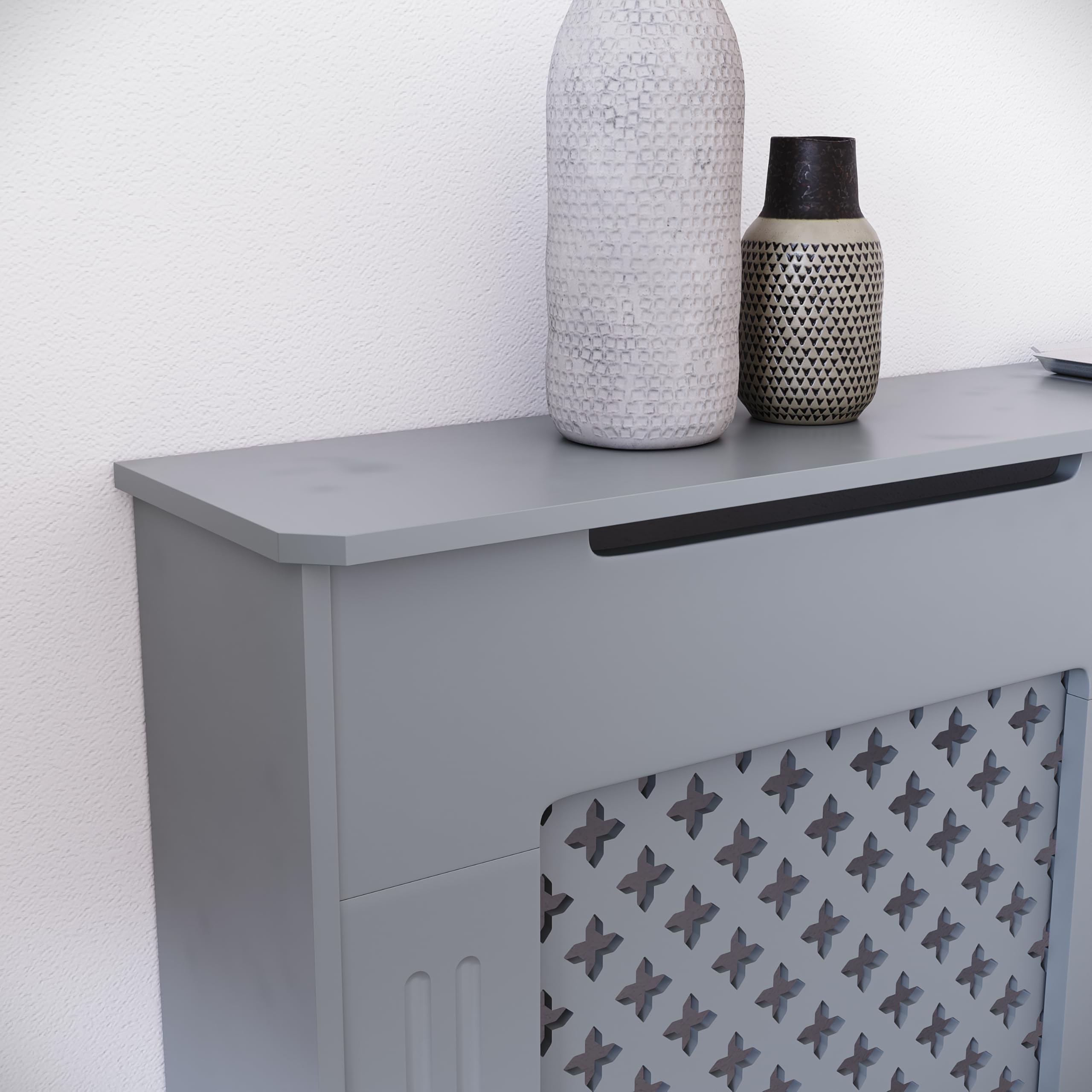 Vida Designs Oxford Radiator Cover – Traditional Cross Pattern, Olive Grey, MDF, Modern Painted Finish, Heat Efficient, Small, (H 82 x W 78 x D 19 cm)