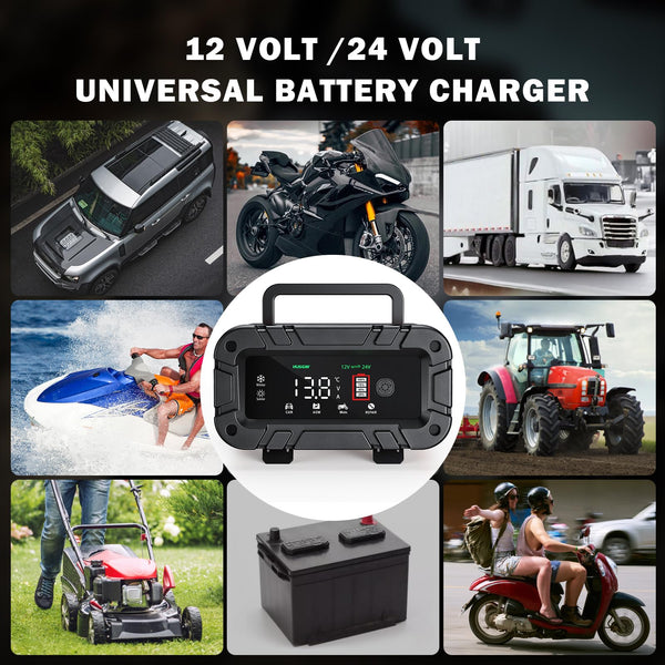 10A Car Battery Charger,10A 12V/5A 24V Car Battery Charger, Leisure Battery Charger with Portable Handle and Stand.Automotive Smart Battery Charger Maintainer/Pulse Repair Charger for Car,Motorcycle.