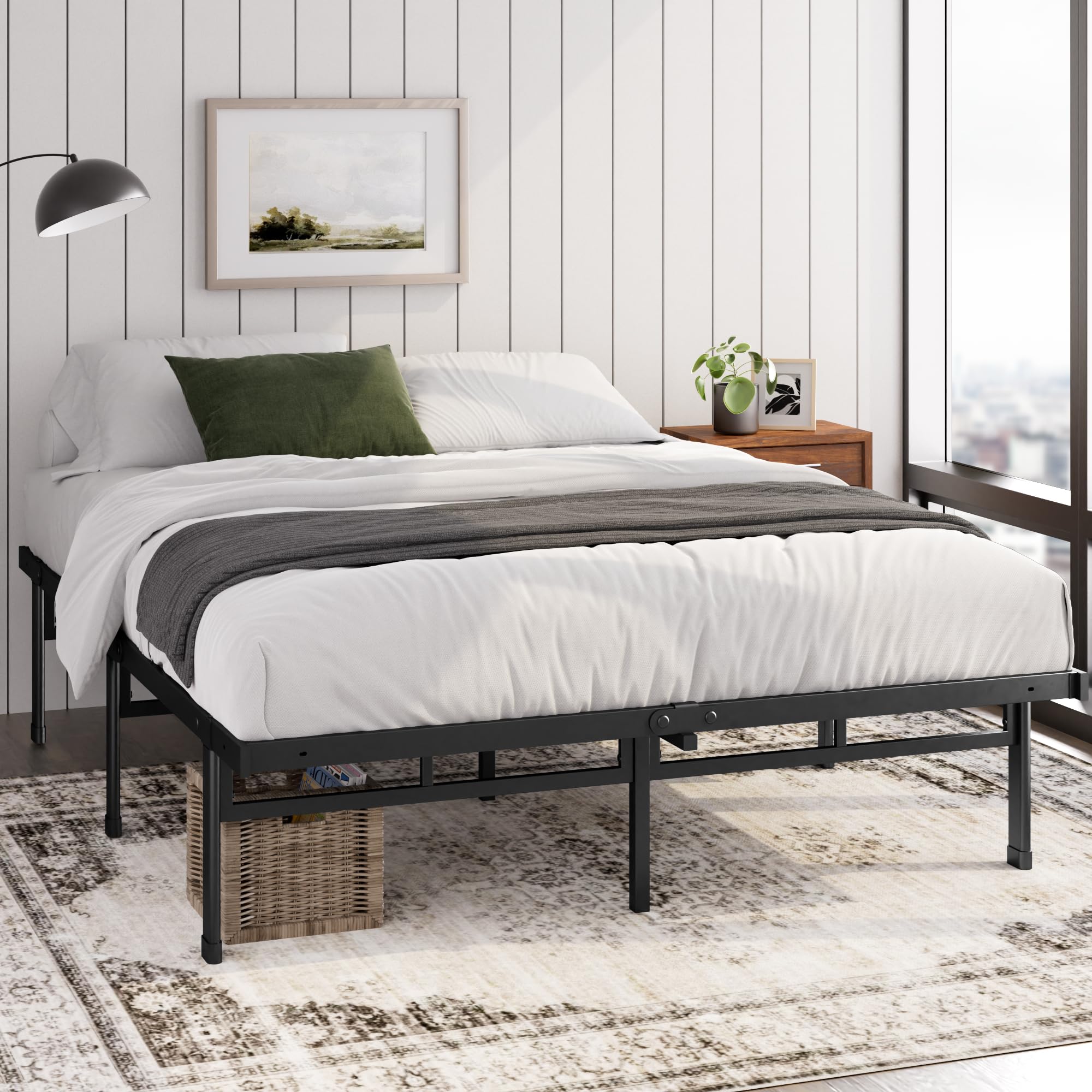 ZINUS Justin Double Bed frame - Bed 135x190 cm - 36cm Height - Metal bed frame with Underbed storage and steel slat support - Black