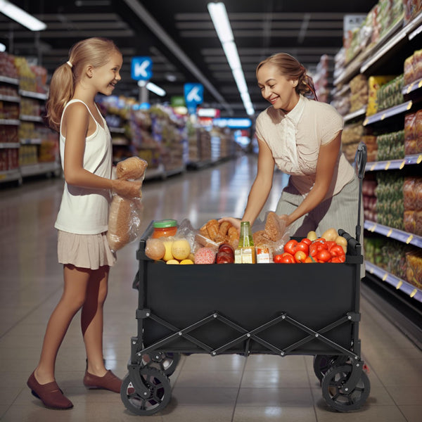 Finnhomy 150L Folding Camping Trolley with Brake, Collapsible Festival Trolley with Removable Wheels, 150KGs Capacity with Drink Holders