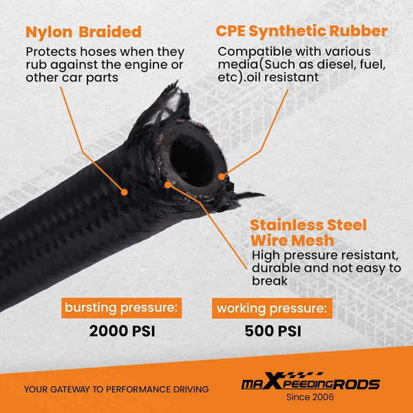 maXpeedingrods AN6 5M Stainless Steel Flexible Braided Fuel Hose Remote Oil Cooler Line Coolant Pipe 0.55", with Hose End Fitting Adapters