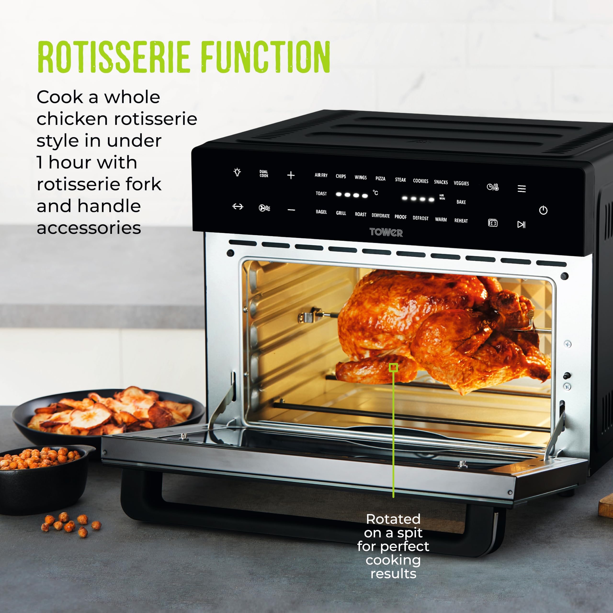 Tower T17122 Vortx Platinum Xpress Digital 30L Air Fryer Oven with Vizion Viewing Window, 18 Cooking Options, 2 Hour Timer, 1800W, Black