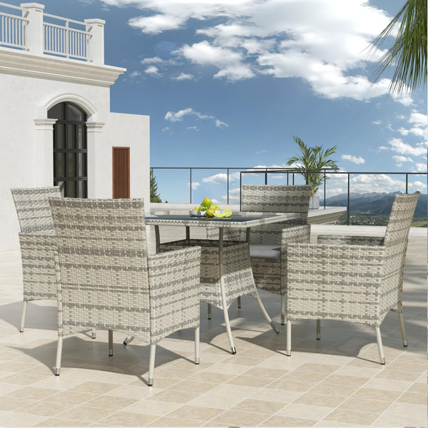 Trumbeak 4 Seater Rattan Dining Set with Cushions,Garden Furniture Set with Glass Top Table and 4 Armchairs,Outdoor Dining Table and Chairs Set for patio,Grey