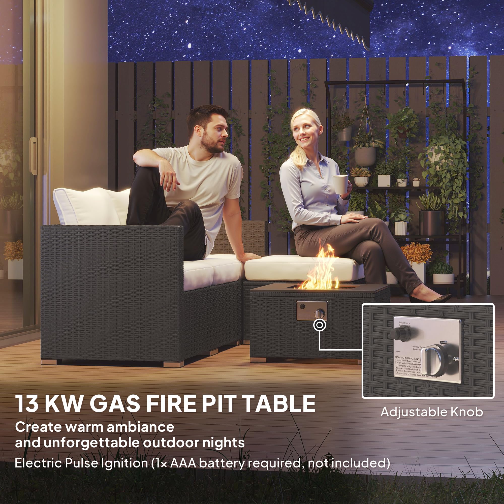 Outsunny 5 Piece Rattan Garden Furniture Set with Gas Fire Pit Table, 4 Seater Outdoor Sectional Sofa Set with Footstool and Removable Cushions, Modular Combination, Brown and Cream White