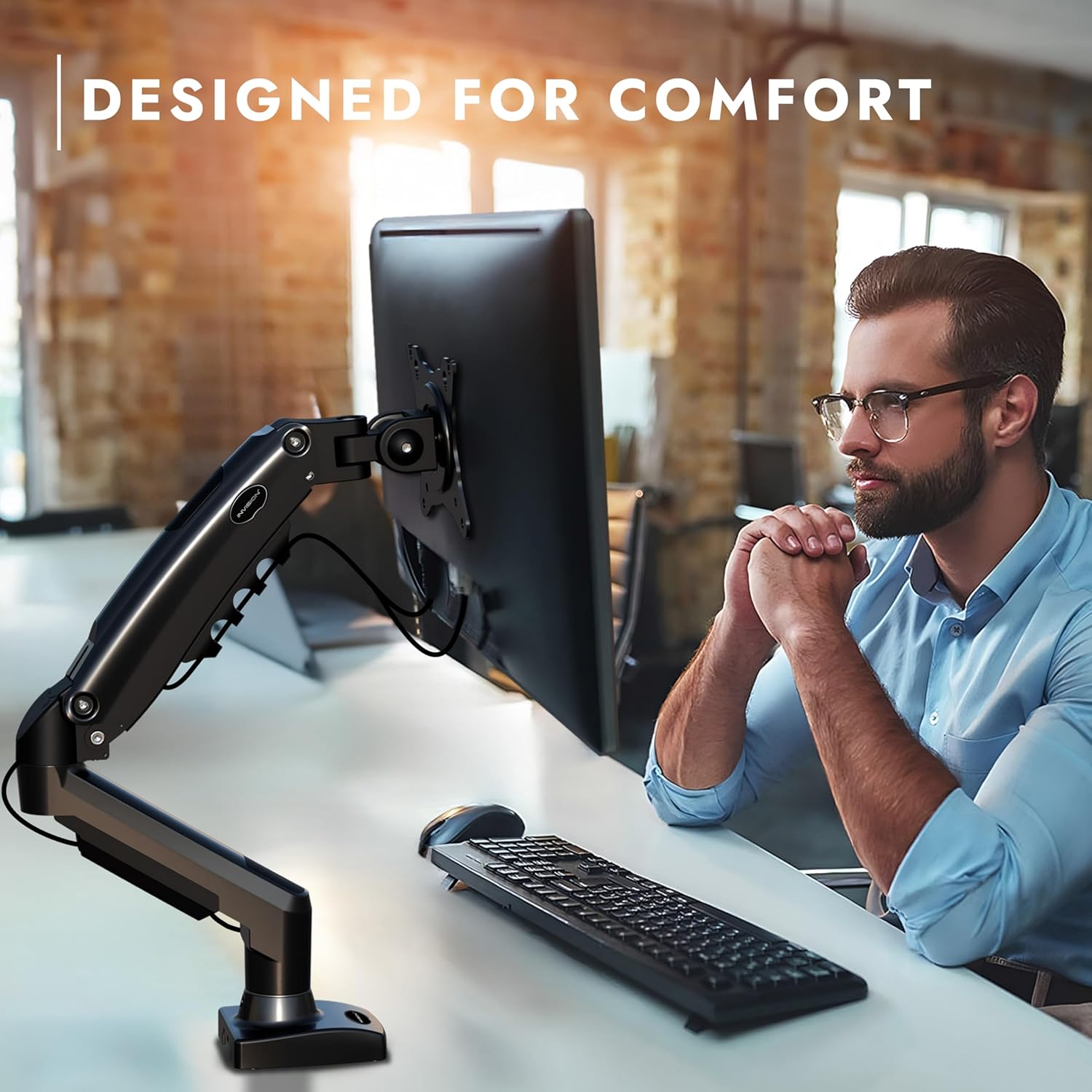 Invision Single Monitor Arm Desk Mount for 19-32 Inch Screens - VESA 75/100mm Stand Desk Clamp - Tool Free Height Adjustment with Tilt Swivel Rotate - Increased Load Capacity from 2-9kg (MX200)