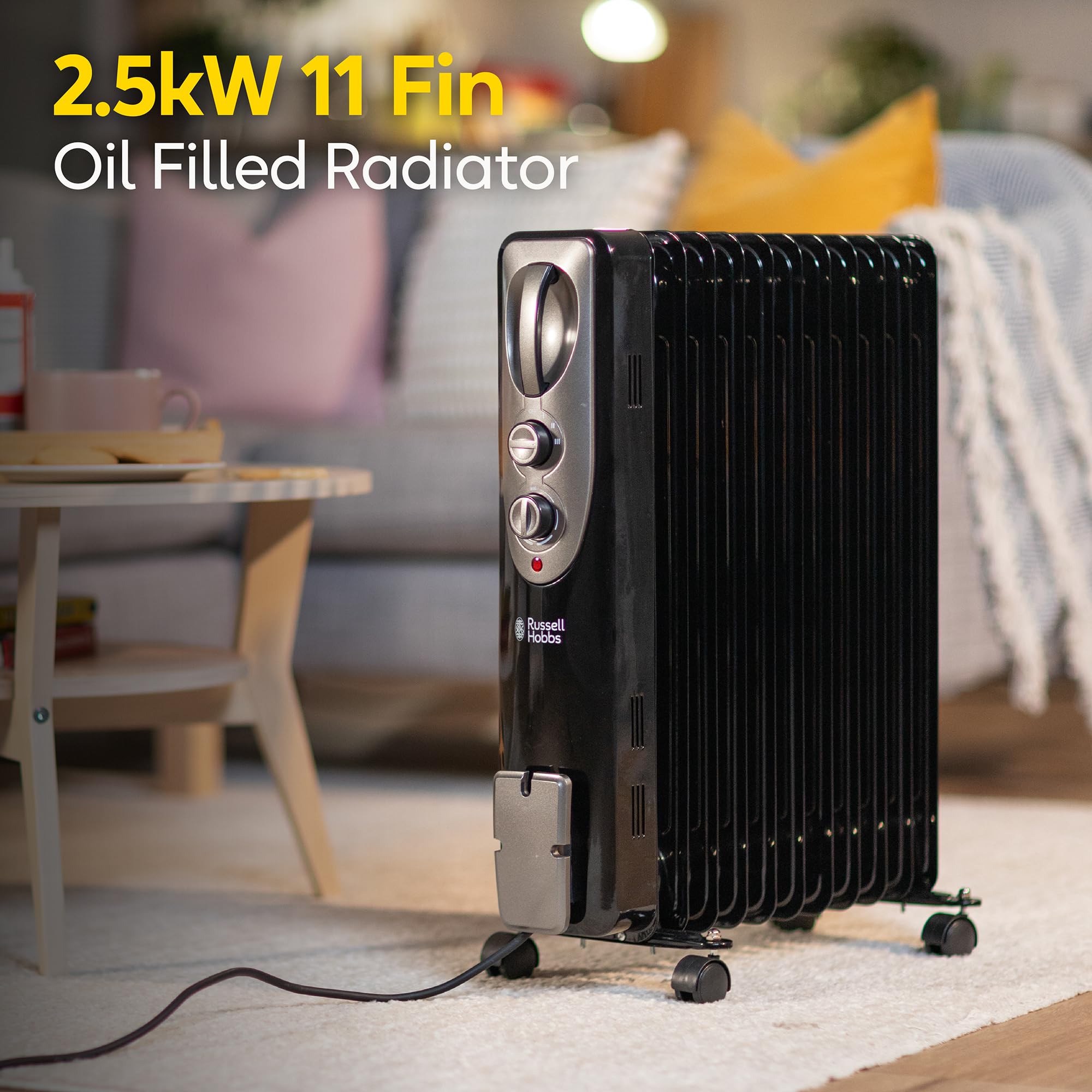Russell Hobbs 1500W/1.5KW Oil Filled Radiator, 7 Fin Portable Electric Heater - White, Adjustable Thermostat with 3 Heat Settings, Safety Cut-off, 15 m sq Room Size, RHOFR5001, 2 Year Guarantee