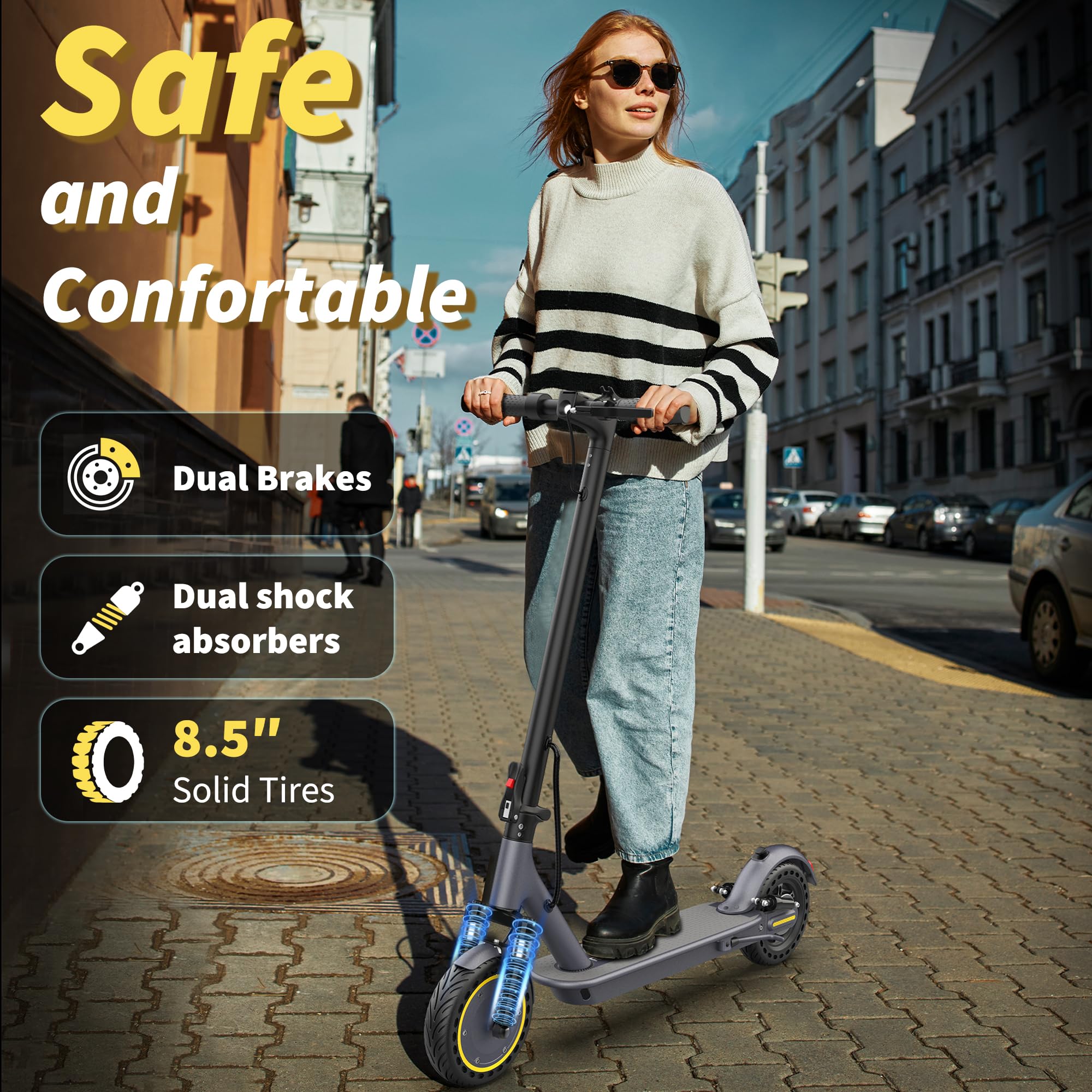 Electric Scooter, Electric Scooter Adult 350W with 25-35KM Range, Max Speed 25KM/H, 8.5" Solid Tire, Double Braking System for Adults and Teens