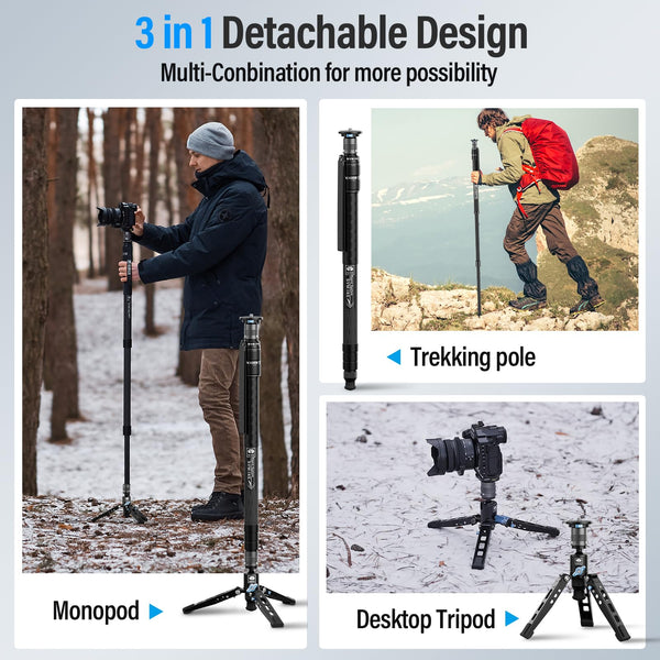 SIRUI SVM-145 Camera Monopod with Feet for Photography, 145cm Carbon Fibre Camera Monopod with Removable Tripod Stand Base, for DSLR, Camcorder, Max Load 10kg