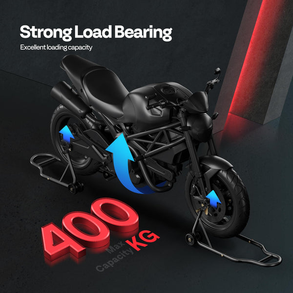 SPECSTAR Motorcycle Paddock Stand Combo 400kg Capacity Front and Rear Wheel Lift with U & L Fork Adjustable Swingarm Spool Stands for Motorbike Garage Repair Use Scissor Stand with 4 Wheels