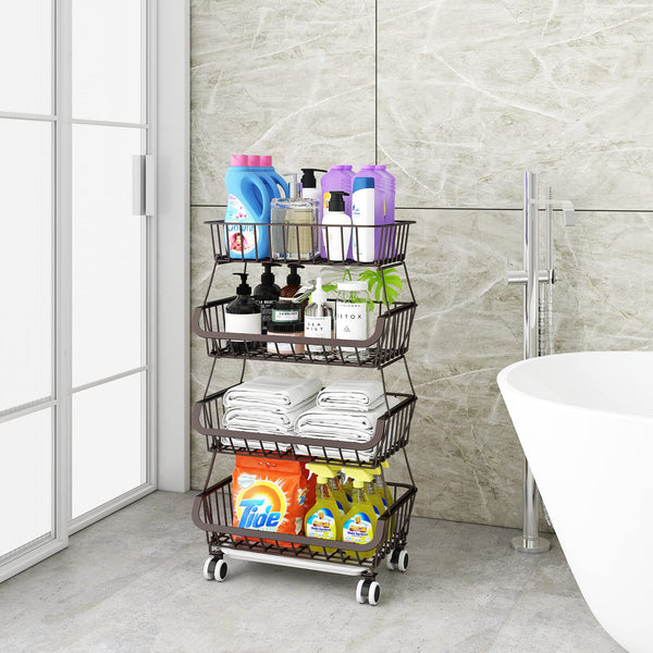 Fruit Vegetable Storage Basket for Kitchen - 4 tier Stackable Metal Wire Baskets Cart with Rolling Wheels Utility Fruits Rack Produce Snack Organizer