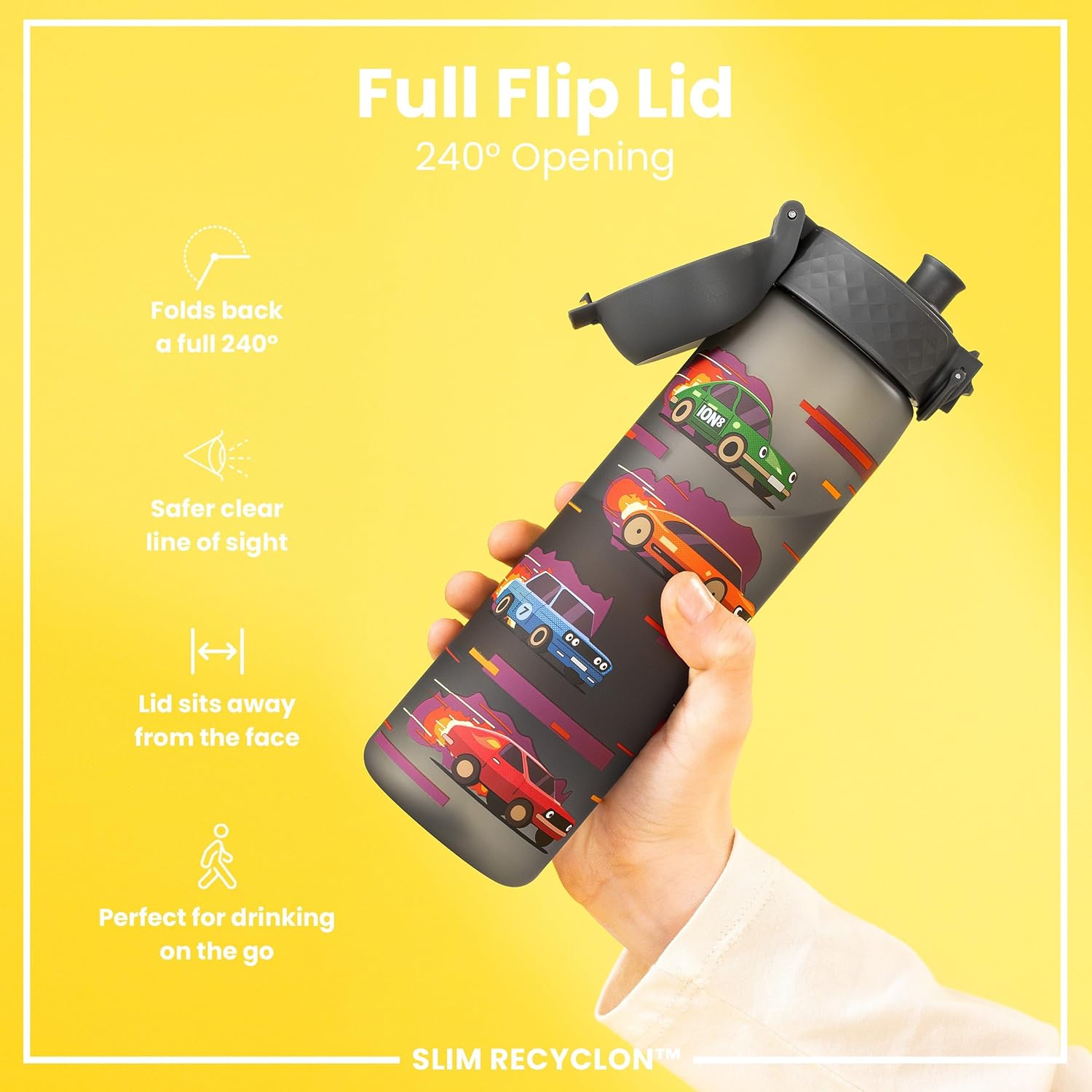 ION8 Water Bottle, 500ml/18oz, Slim Leak-proof & BPA-Free Drinking Bottle, Secure Lock Prevents Spills, Dishwasher Safe, Carry Handle, Ideal for Adults & Kids - Travel, Gym & School, Sport Cars Design