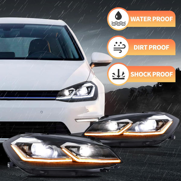 VLAND Headlights for Golf 7.5 MK7.5 2017-2020 Front Lights with Sequential Indicator, not fit GTI/R line/MK7, not include bulbs, E-mark, One Pair