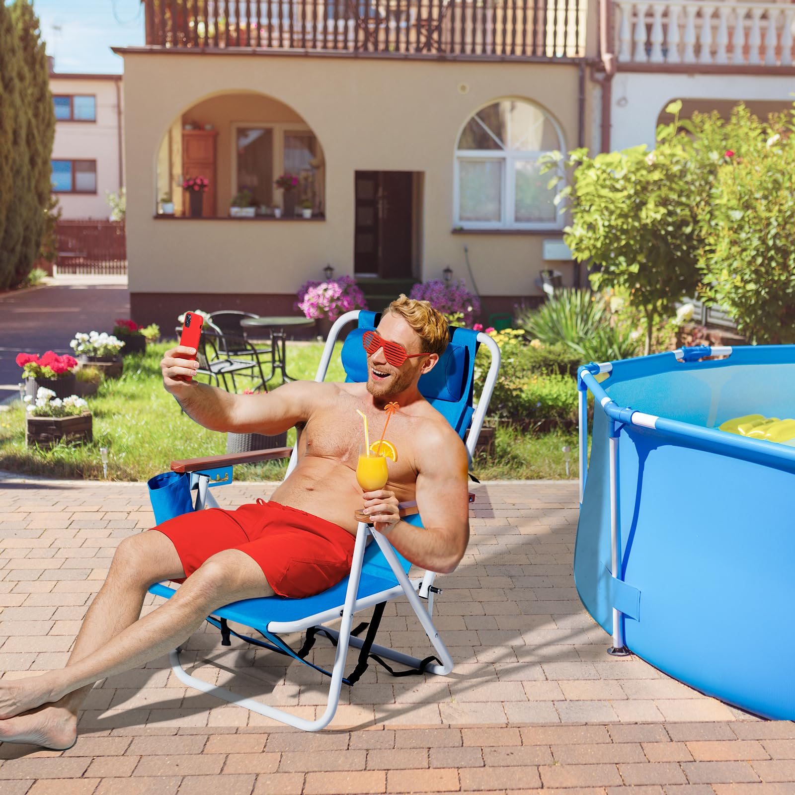 Outopee Set of 2 Folding Beach Chair, Portable Camping Backpack Beach Chair with 4 Level Positions, Adjustable Headrest, Cup Holder for Fishing Poolside Picnic, 120kg Capacity, Blue