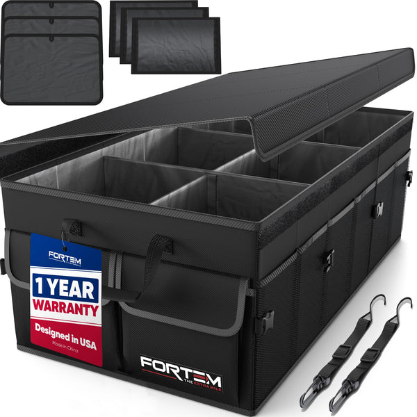 FORTEM Car Boot Organiser, Collapsible Multi Compartment SUV Organizer, Foldable Storage for Car Accessories for Women Men, 600D Oxford, Non Slip Bottom, Securing Straps, Soft Cover (50L)