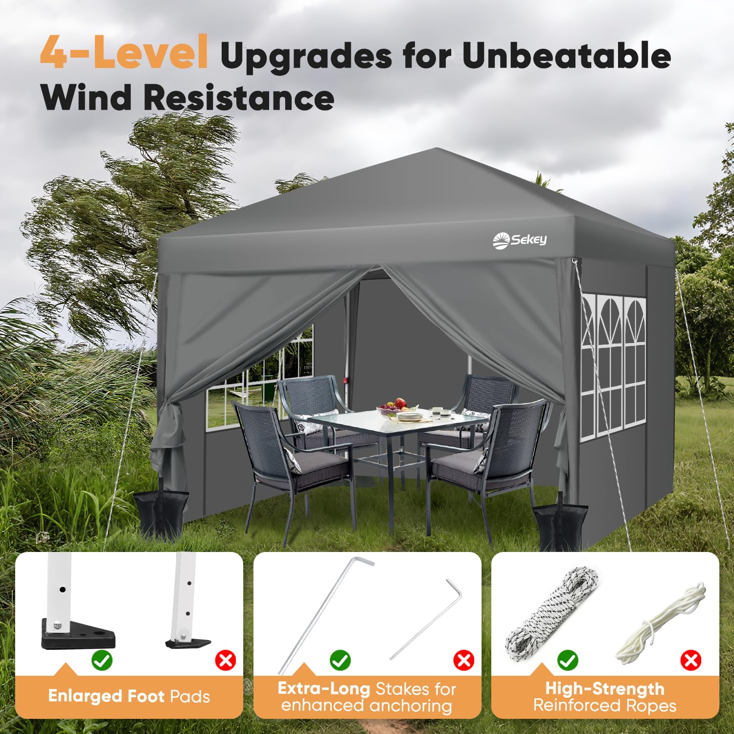 Sekey One-Touch Pop Up Gazebo with Sides 3m x 3m, Heavy Duty Gazebo with 4 Pack Gazebo Weights Bags, Instant Setup, Waterproof 1000mm (Grau, 3m x 3m without Sides)