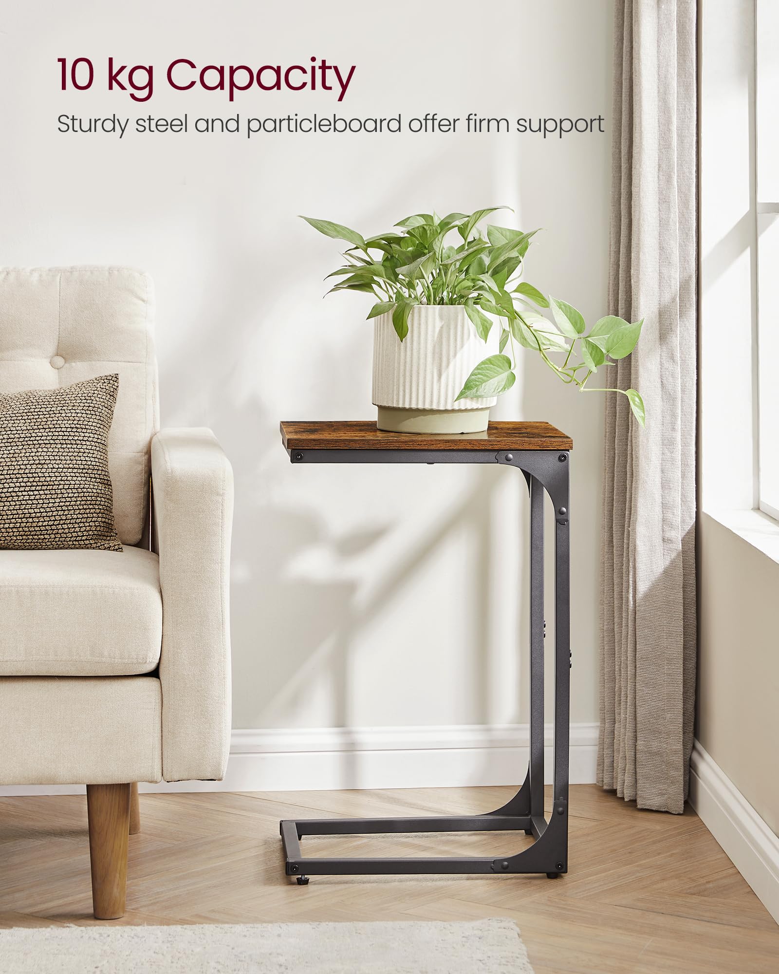 VASAGLE C-Shaped Side Table, Bedside Table, Sofa Side Table, Coffee Table, with Metal Frame, Industrial, for Living Room, Bedroom, Rustic Brown and Black LET350B01