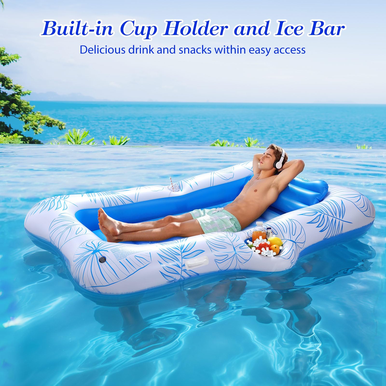 MoKo Pool Floats Adult, Floating Bed with Ice Bar, Tanning Bed Pool Raft Inflatable Lounger with Drink Holder Tanning Chair Inflatable Pool Toys for Party Beach Backyard