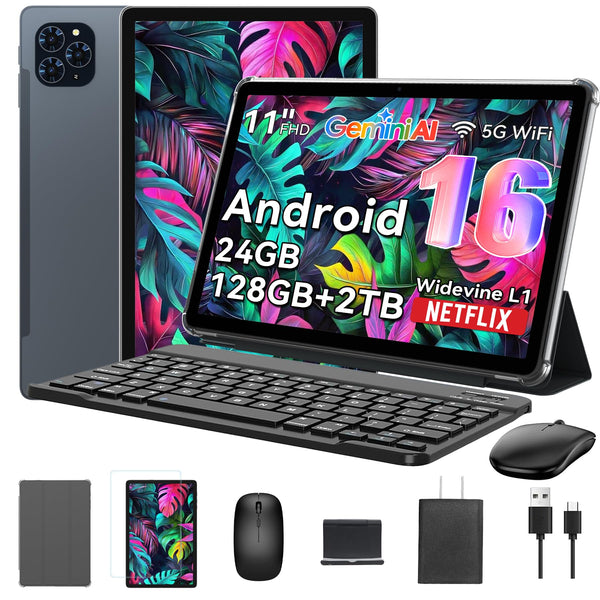 Tablet 2025 World's First Android 16 Tablet with Gemini AI, 11 Inch FHD Display, 24GB RAM 128GB ROM /2TB TF, T7280 CPU+13MP Camera, 8000mAh, Widevine L1, 2 in 1 Tablets with Keyboard Mouse Stylus