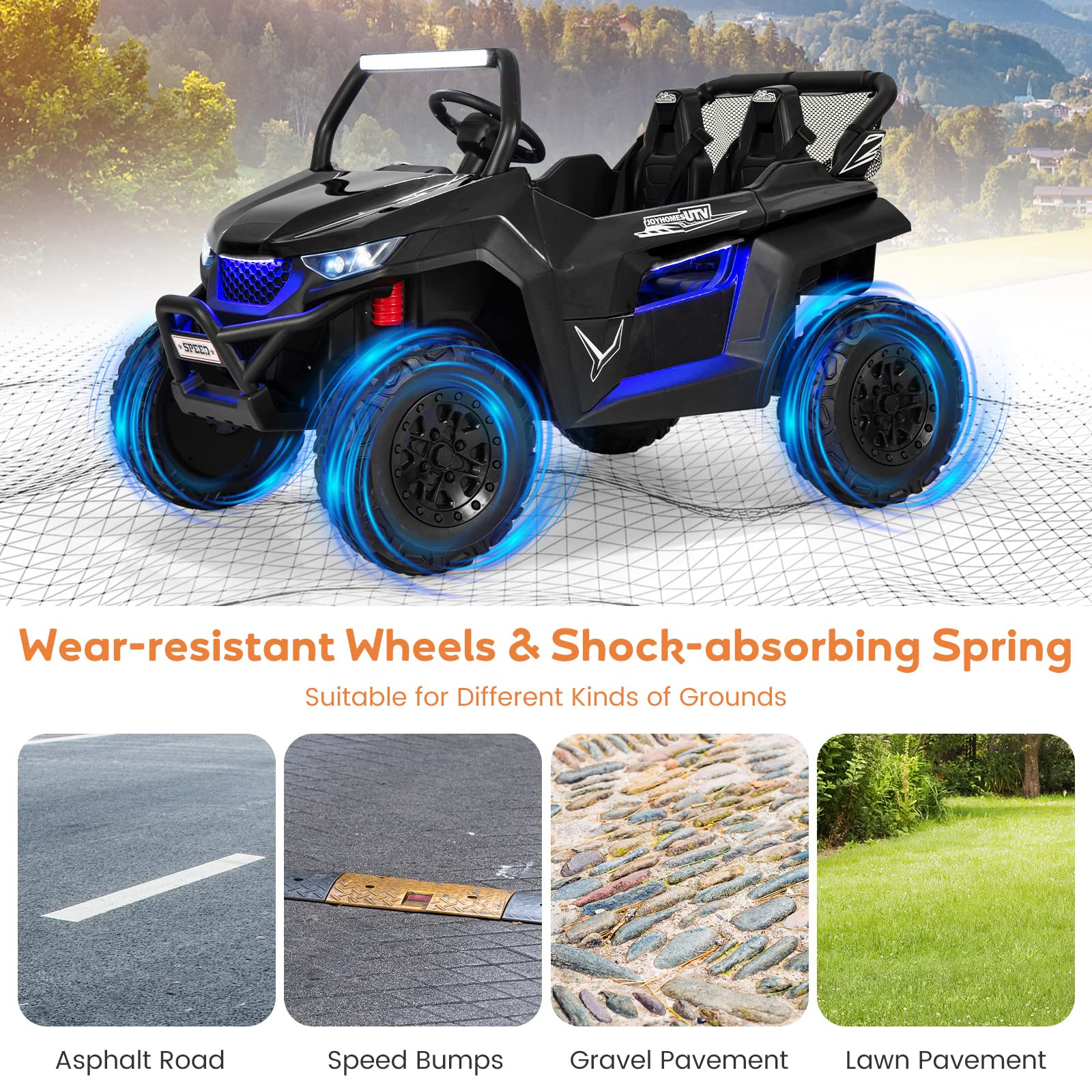 Kids Electric UTV, 2-Seater 12V Battery Powered Toy Car with Remote Control, Lights, Bluetooth, MP3, USB, FM, High/Low Speed & Suspension Spring, Children Ride on Car for 3-8 Years Old (Yellow)