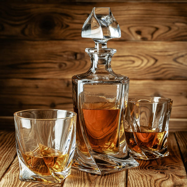 FLOW Barware Deluxe Whiskey Decanter and Glass Set | Twist Design Decanter Set & 2 Whiskey Glasses with 6 Granite Whiskey Stones | Whisky Decanter